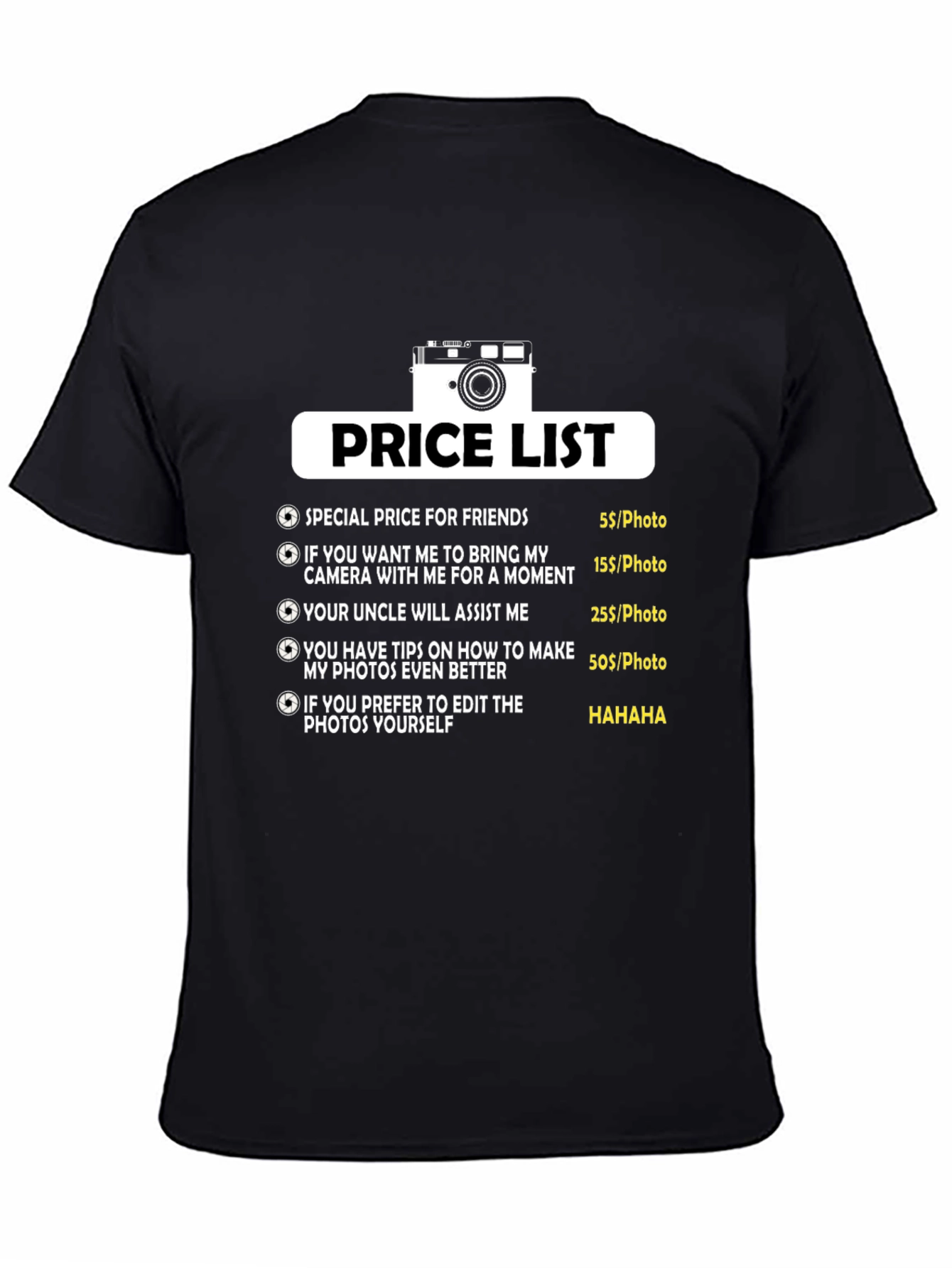 Black Funny Photographer Price List T-Shirt view 4