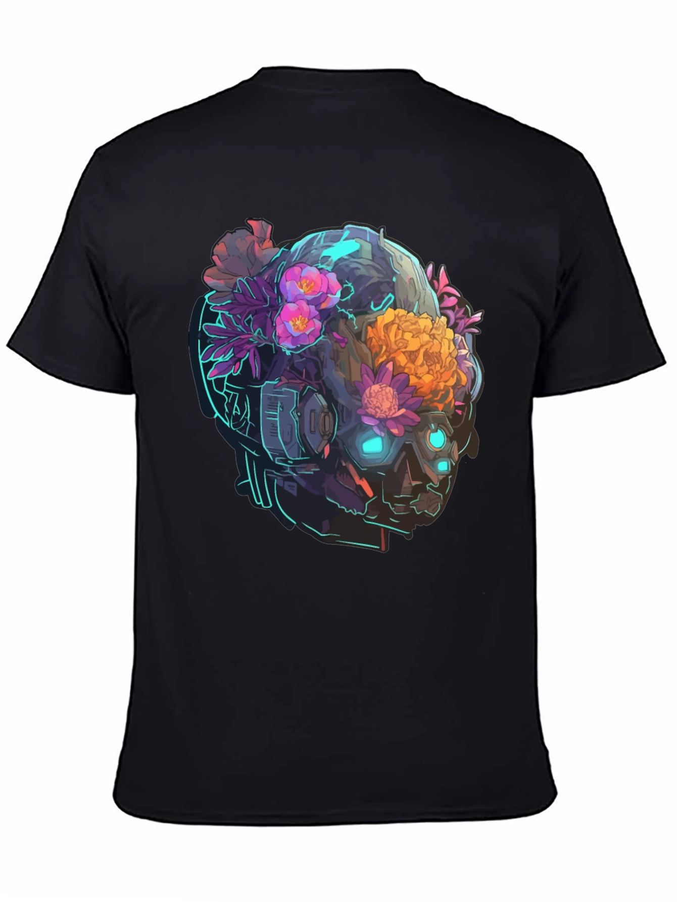 Black Floral Cyberpunk Skull T-Shirt - Unique Graphic Tee view 4