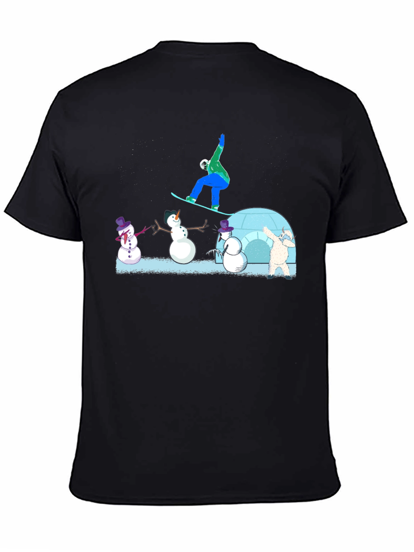 Black Snowboarder and Snowmen Graphic T-Shirt view 4