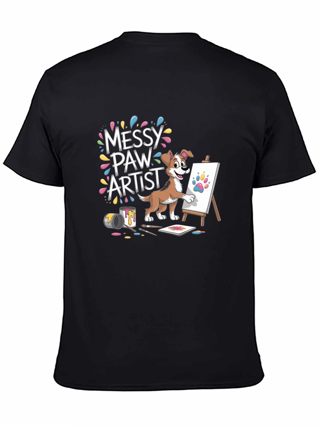 Black Messy Paw Artist T-Shirt - Cute Dog Painting Design view 4