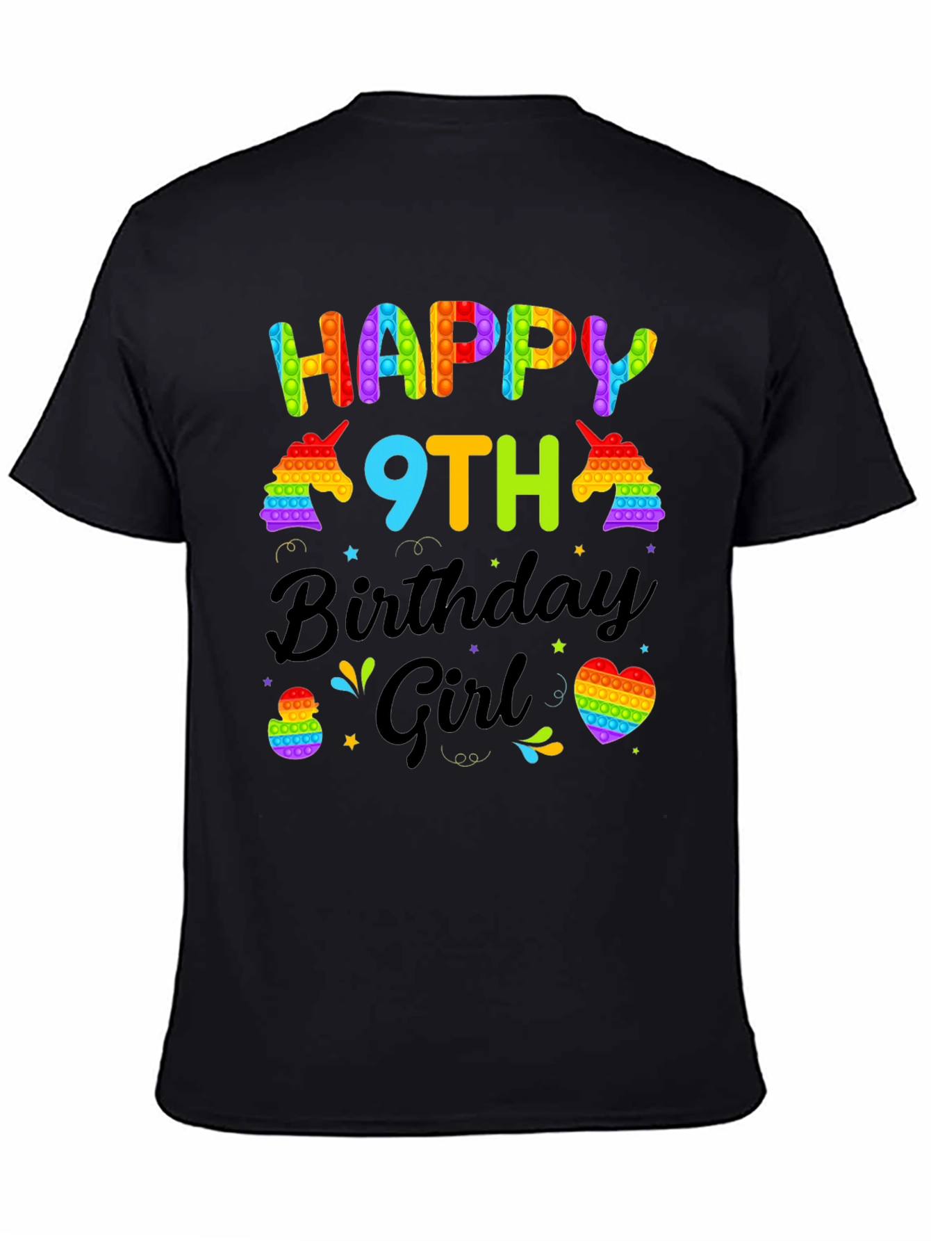Black Happy 9th Birthday Girl T-Shirt - Pop It Unicorn view 4
