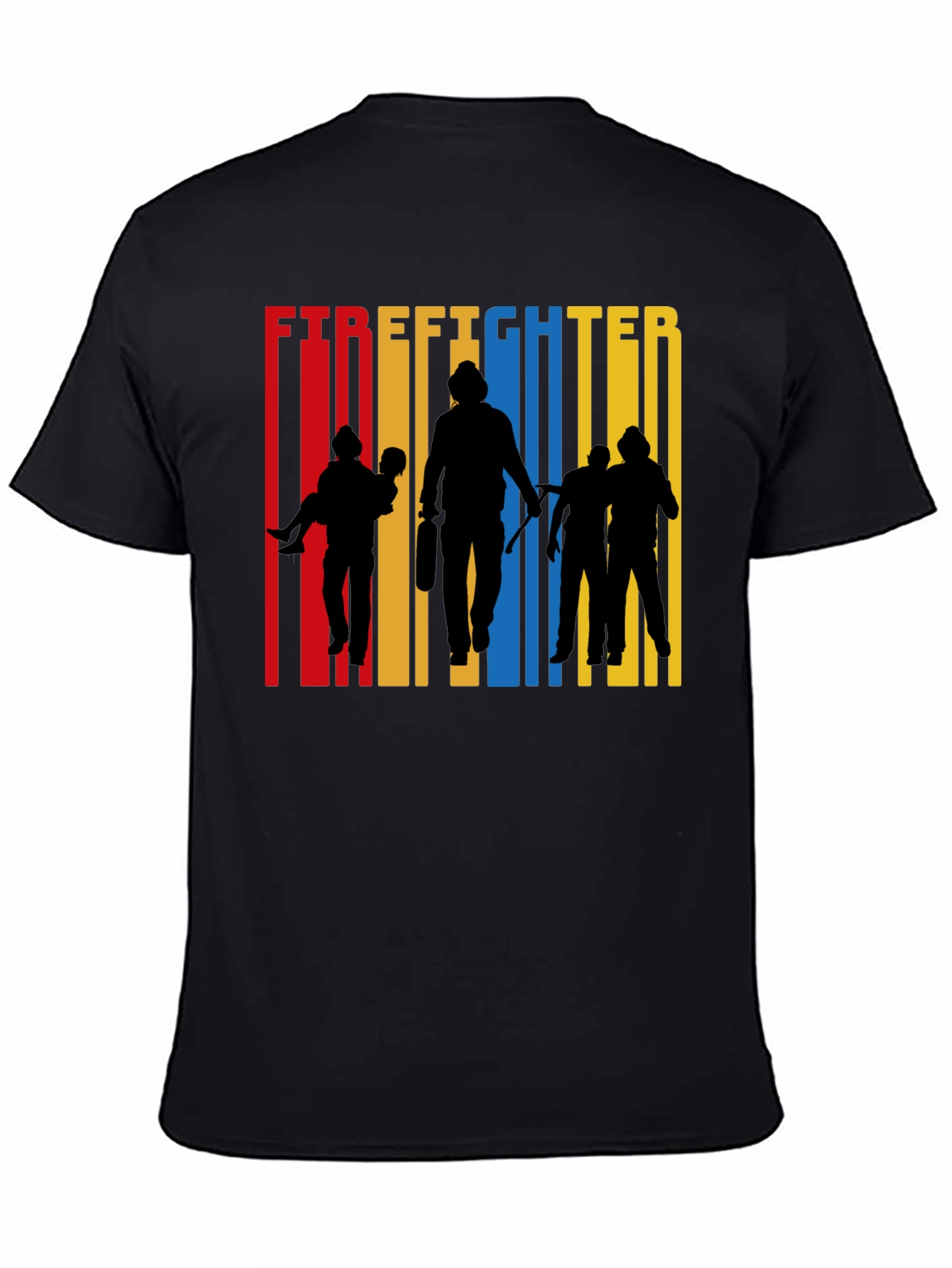 Black Firefighter Silhouette Graphic Tee - Crew Neck Cotton T-Shirt view 4