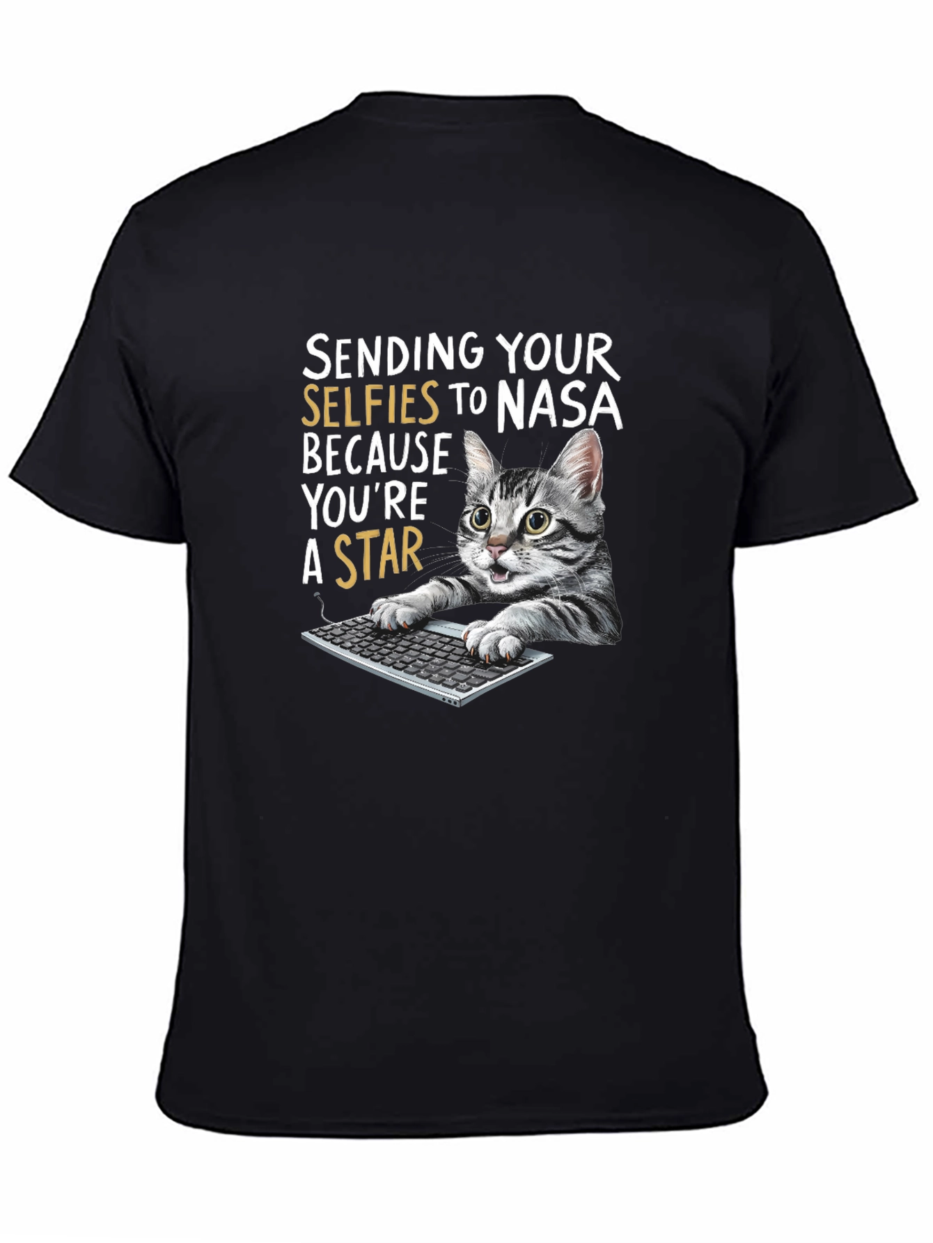 Black Funny Cat T-Shirt - Sending Selfies to NASA view 4