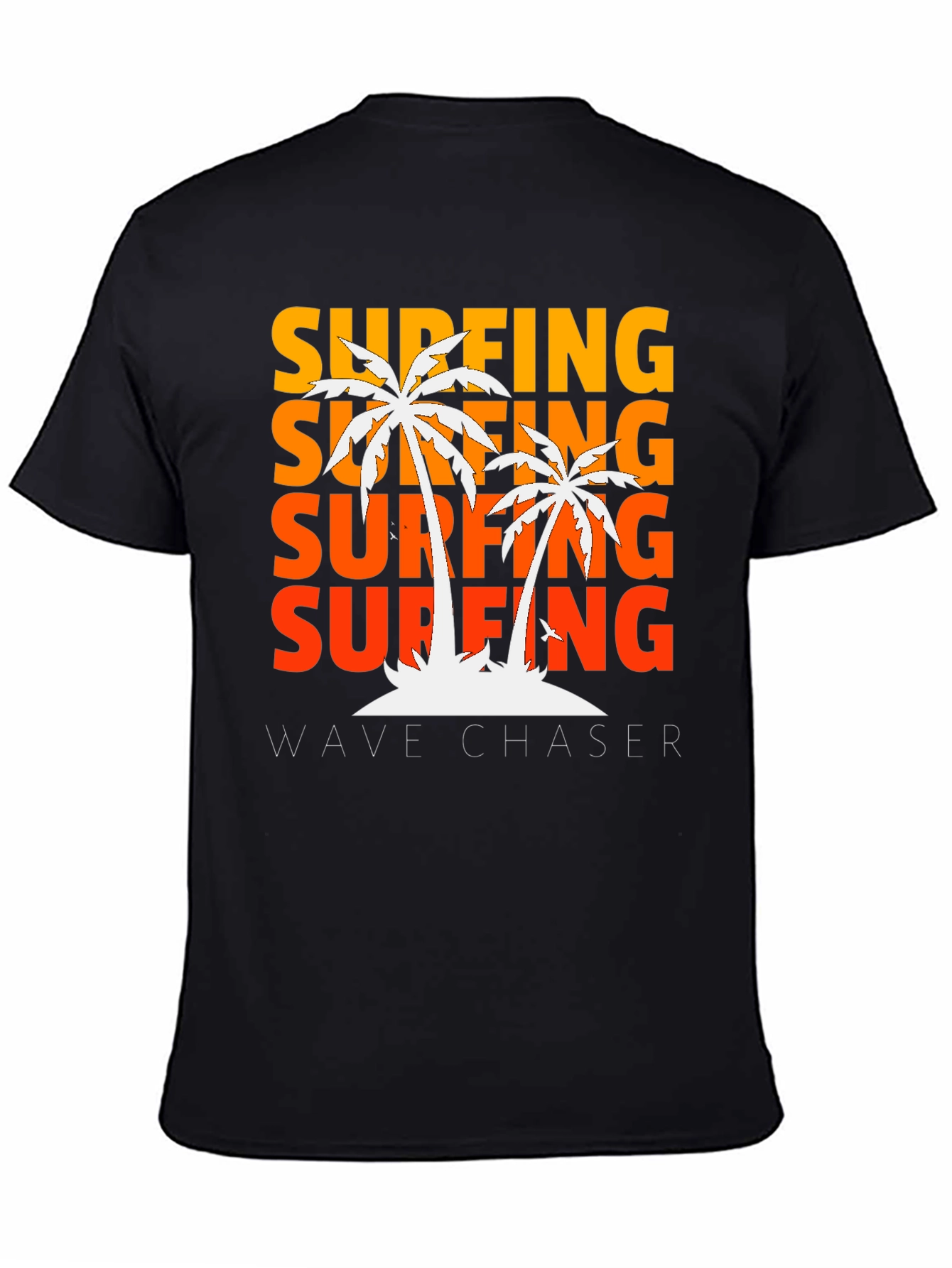 Black Surfing Wave Chaser Black T-Shirt with Palm Tree Design view 4
