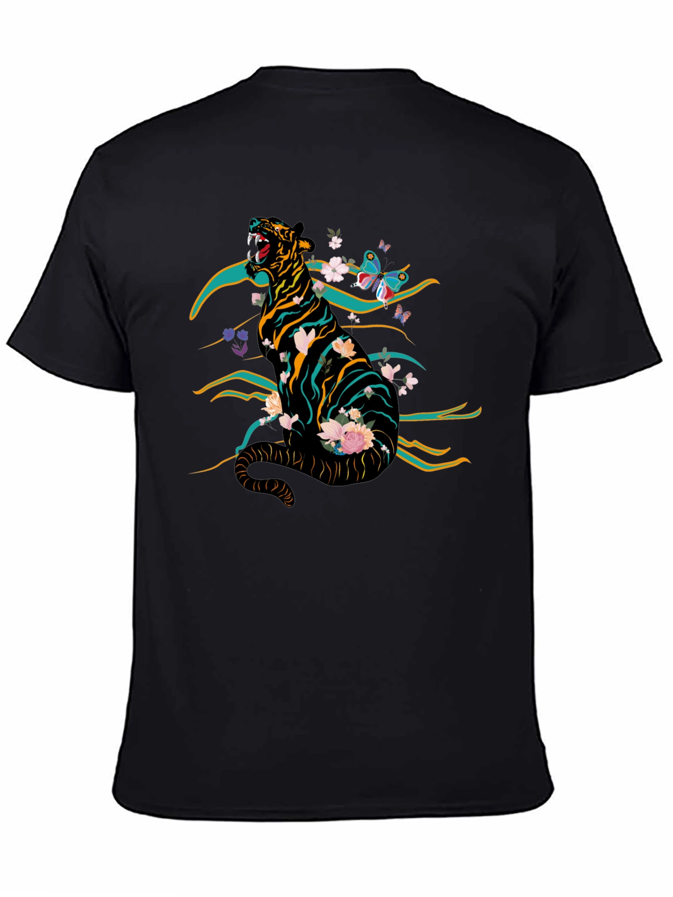 Black Tiger & Floral Graphic Print Tee - Black view 4