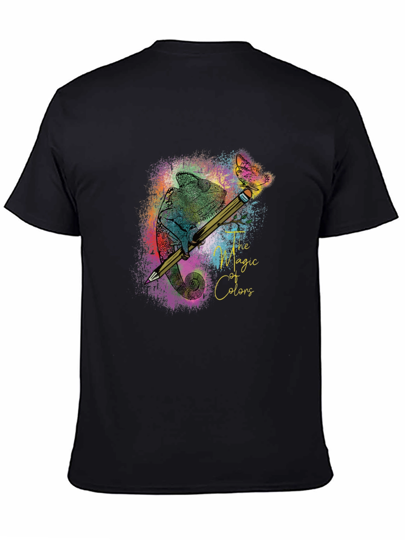 Black The Magic of Colors T-Shirt: Chameleon & Pencil Design view 4