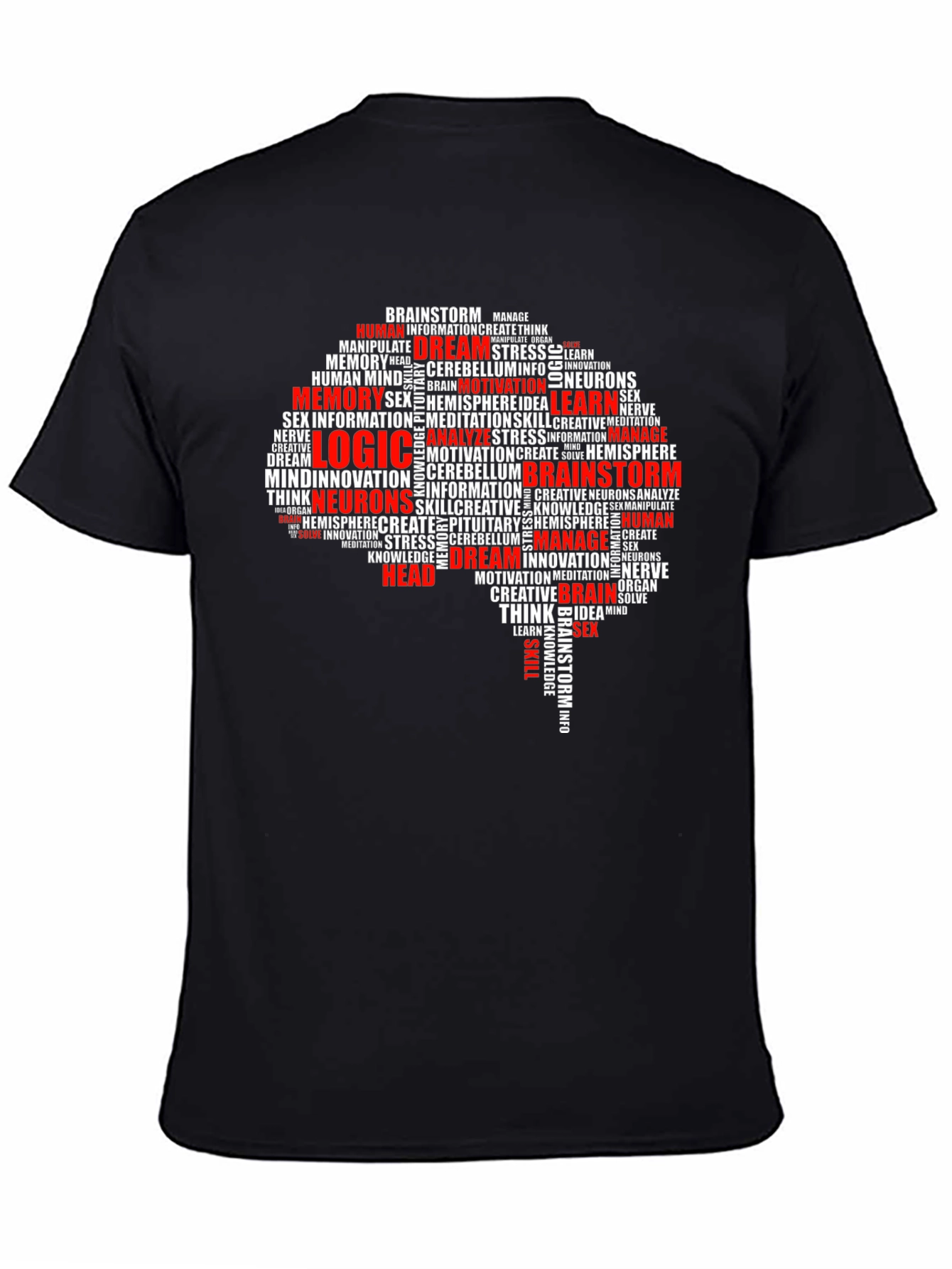 Black Brain Word Art Black T-Shirt - Logic, Memory, Brainstorm view 4