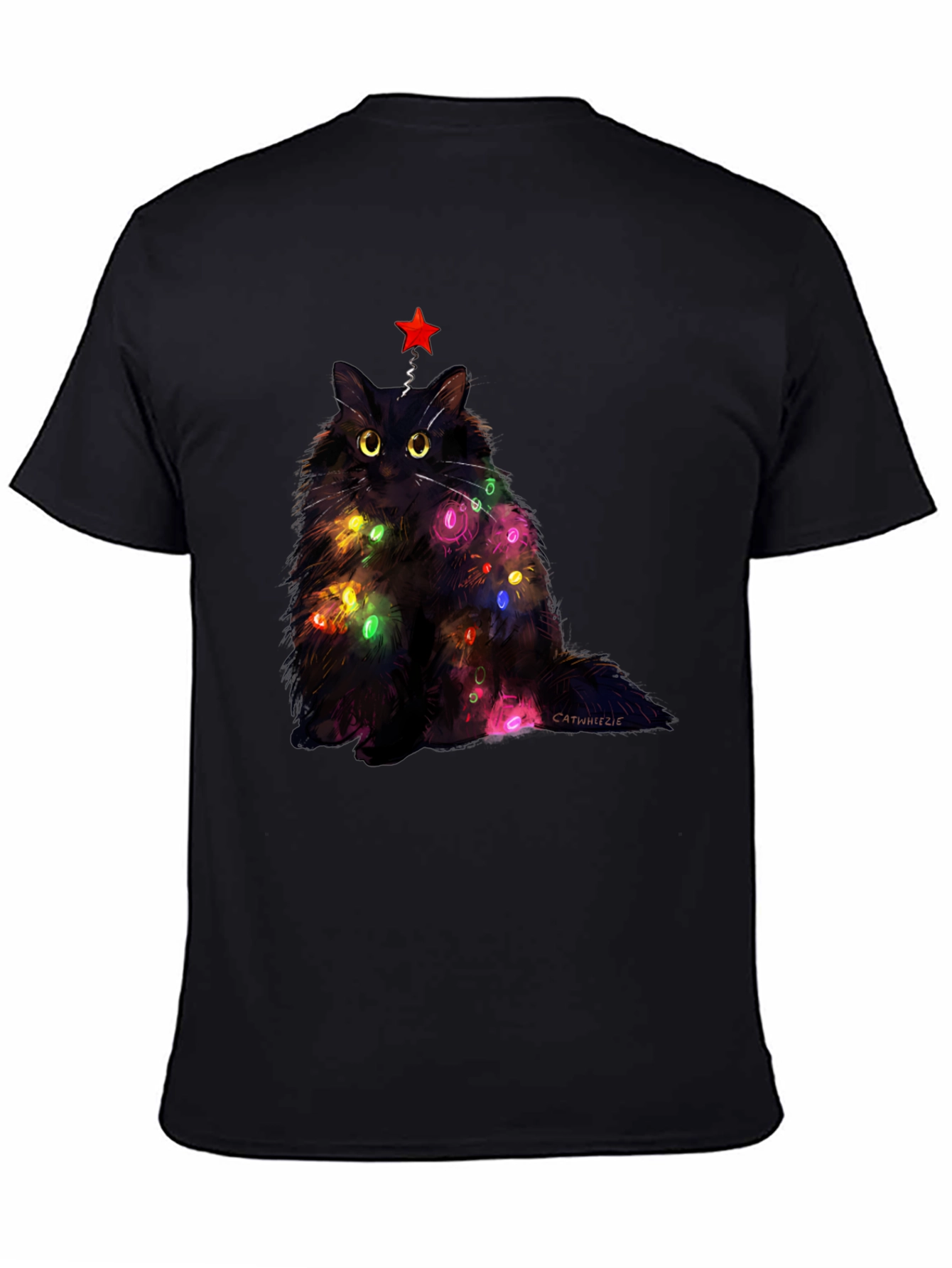 Black Festive Feline T-Shirt: Christmas Cat with Lights view 4