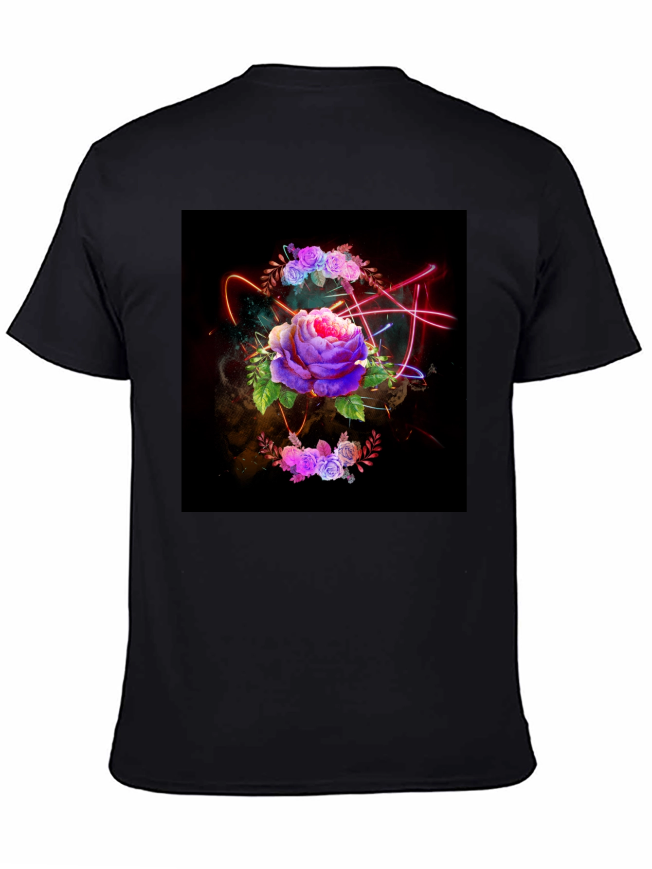 Black Floral Neon T-Shirt - Artistic Dark Design view 4