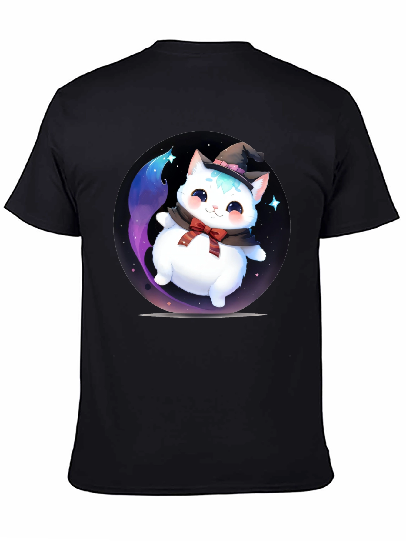 Black Cute Cat Wizard Graphic Tee - Soft Cotton Blend T-Shirt view 4