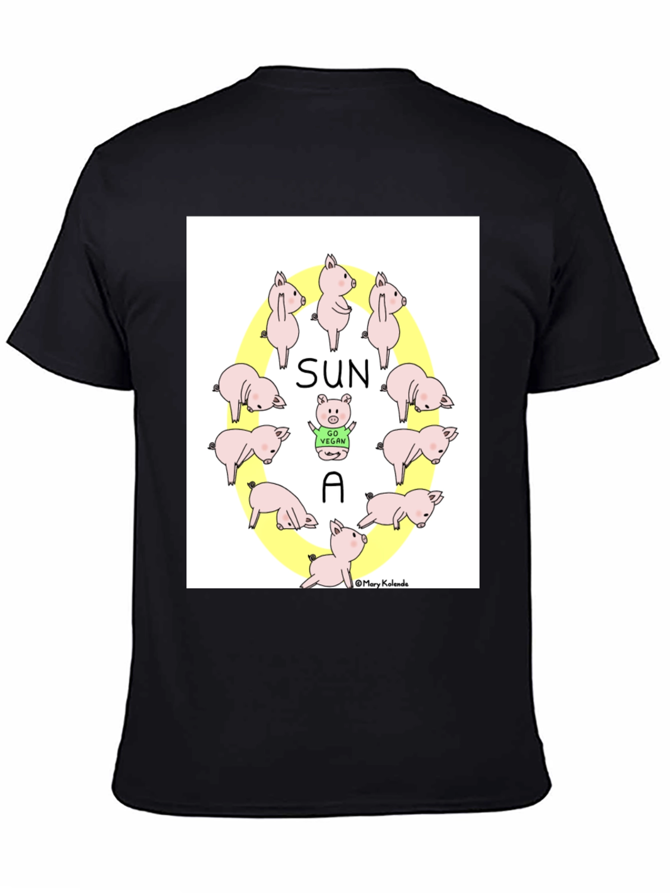 Black Cute Vegan Pig T-Shirt - Sun A Vegan Pun Tee view 4