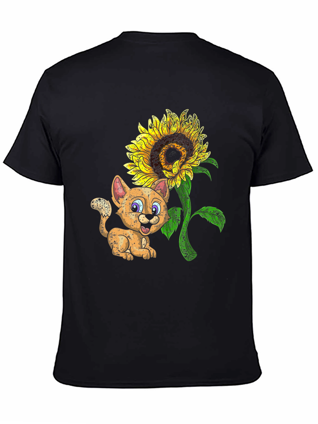 Black Cute Cartoon Cat & Sunflower Black T-Shirt view 4