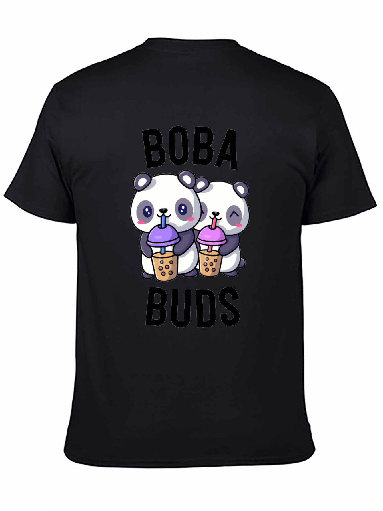 Black Boba Buds Panda T-Shirt: Cute Bubble Tea Lover Tee view 4
