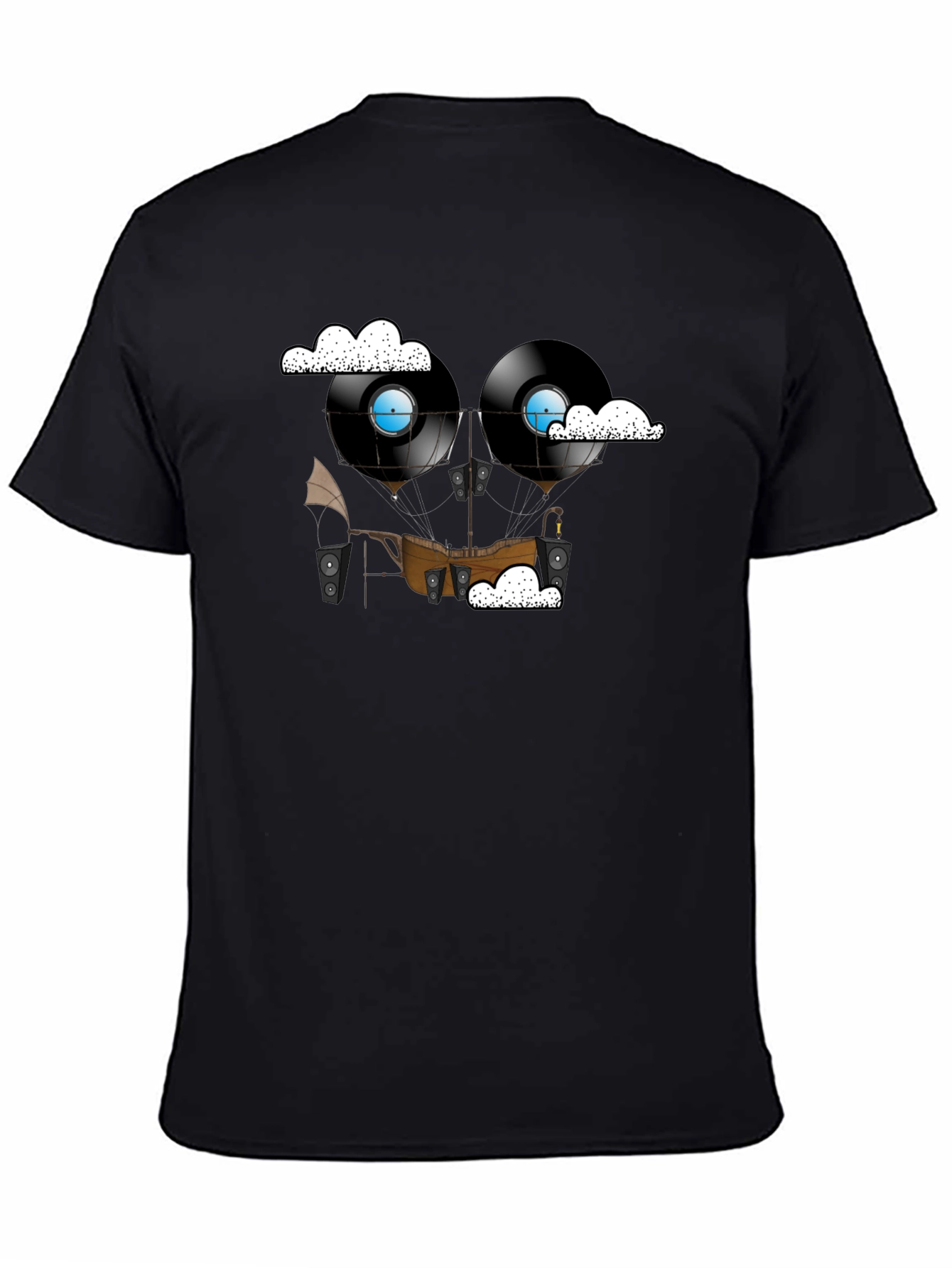 Black Steampunk Vinyl Record Airship Graphic Tee view 4