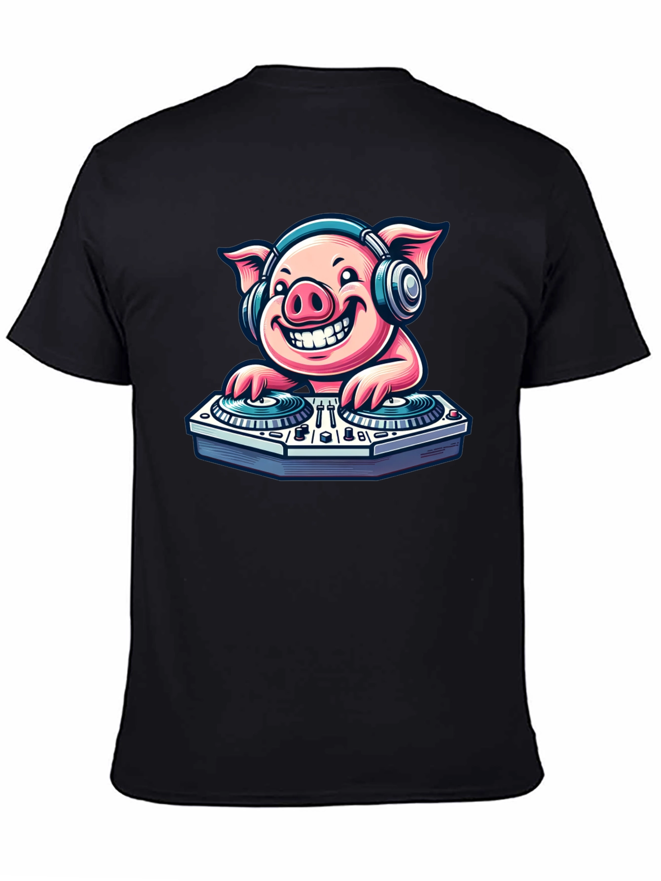 Black DJ Pig Graphic Tee - Cool Cartoon Pig T-Shirt view 4