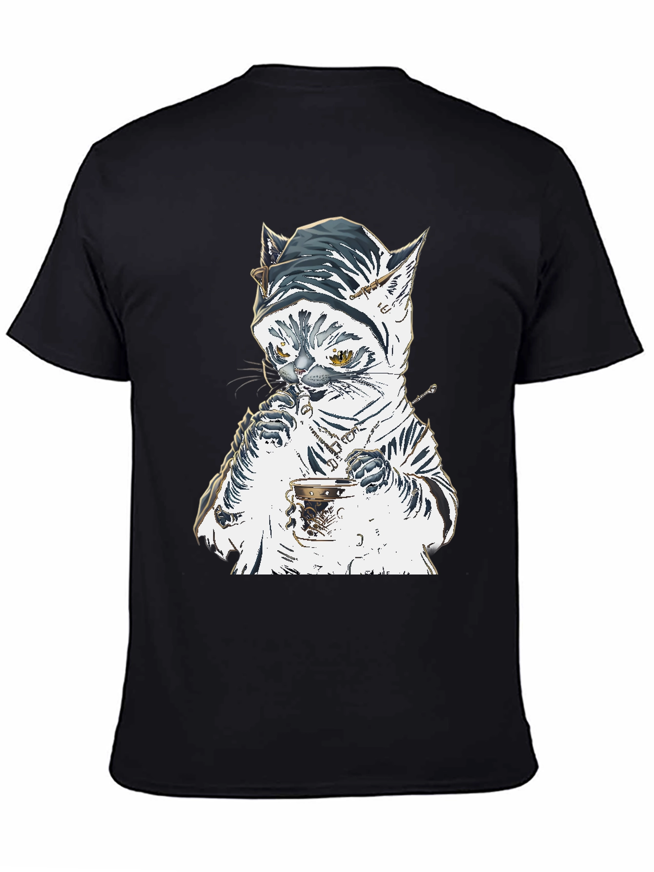 Black Cat T-Shirt: Sophisticated Feline Tea Time view 4