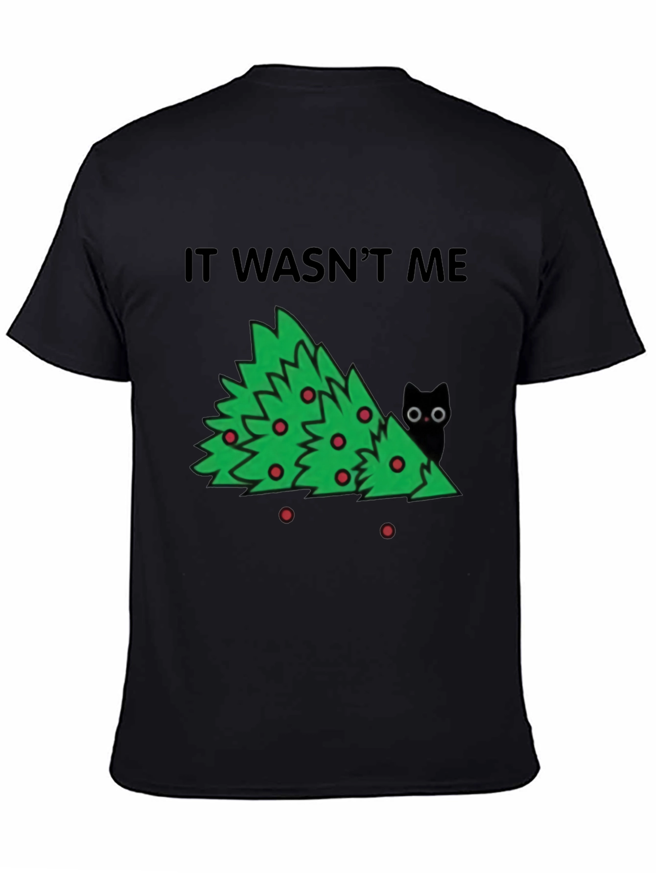 Black It Wasn't Me Christmas Tree Cat T-Shirt view 4
