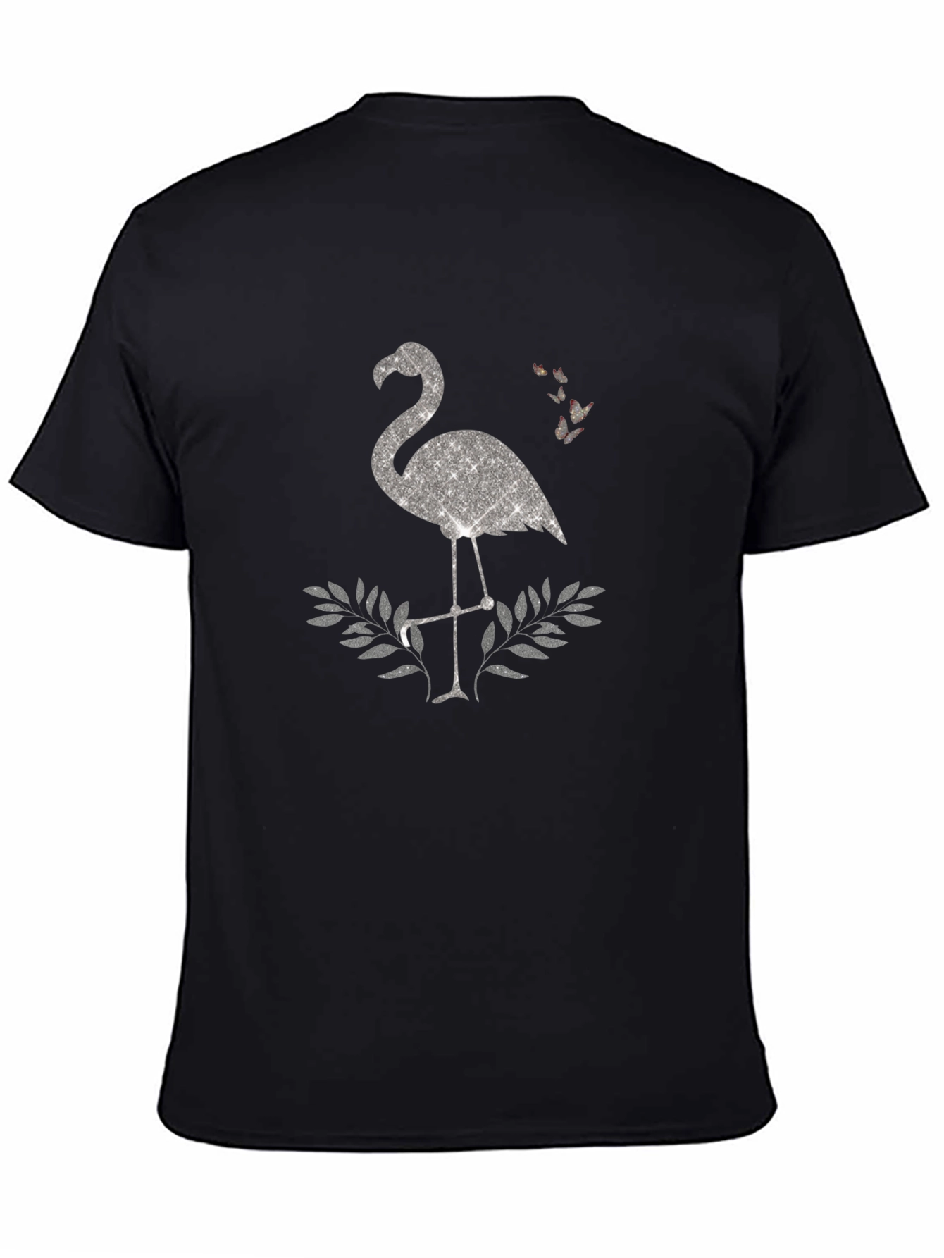Black Sparkly Flamingo Graphic Tee - Black Cotton Shirt view 4