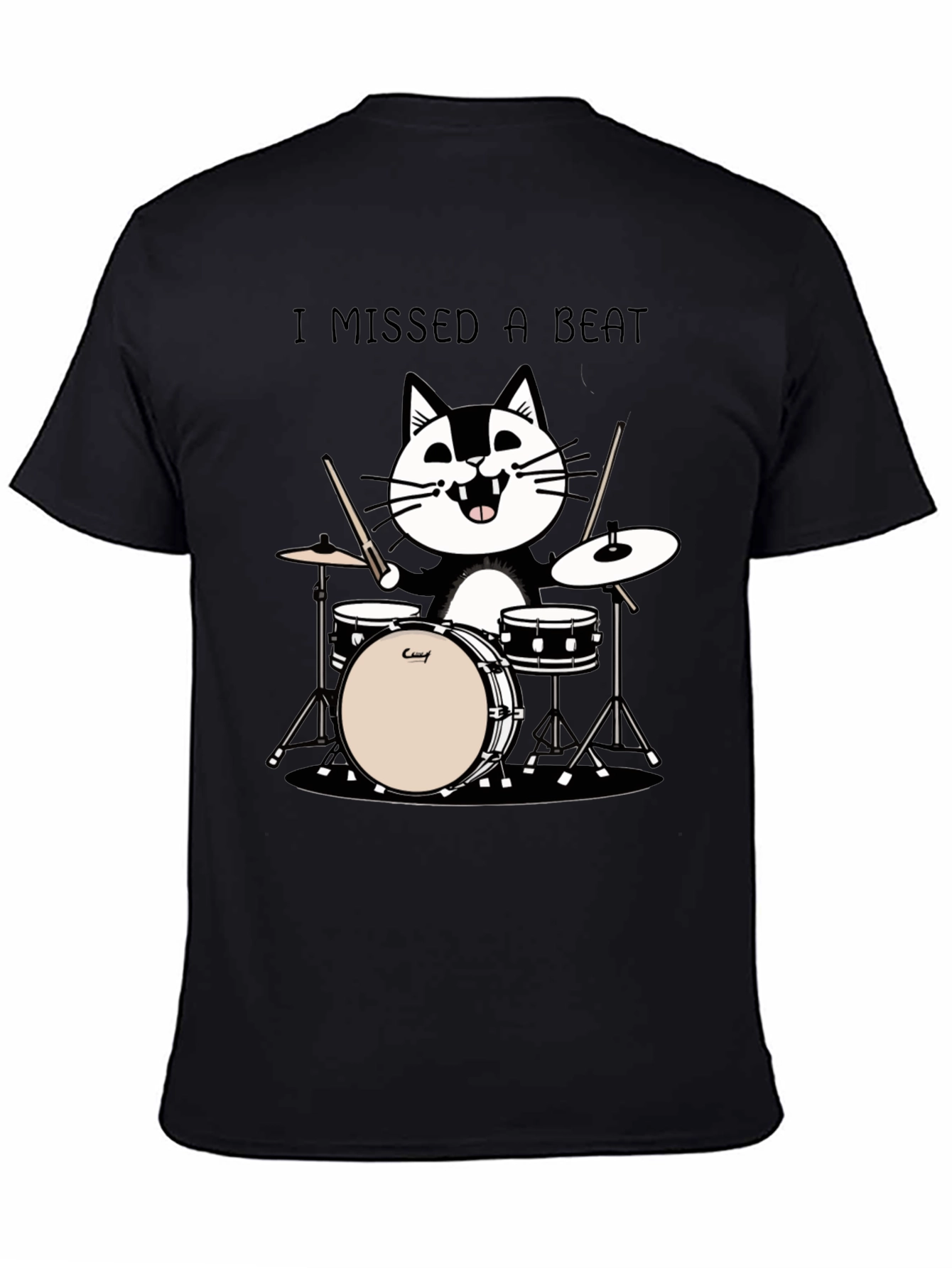 Black I Missed a Beat Cat Drummer T-Shirt view 4