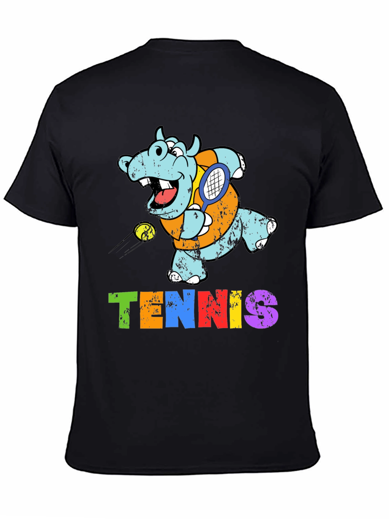 Black Cartoon Hippo Tennis Player Graphic T-Shirt view 4