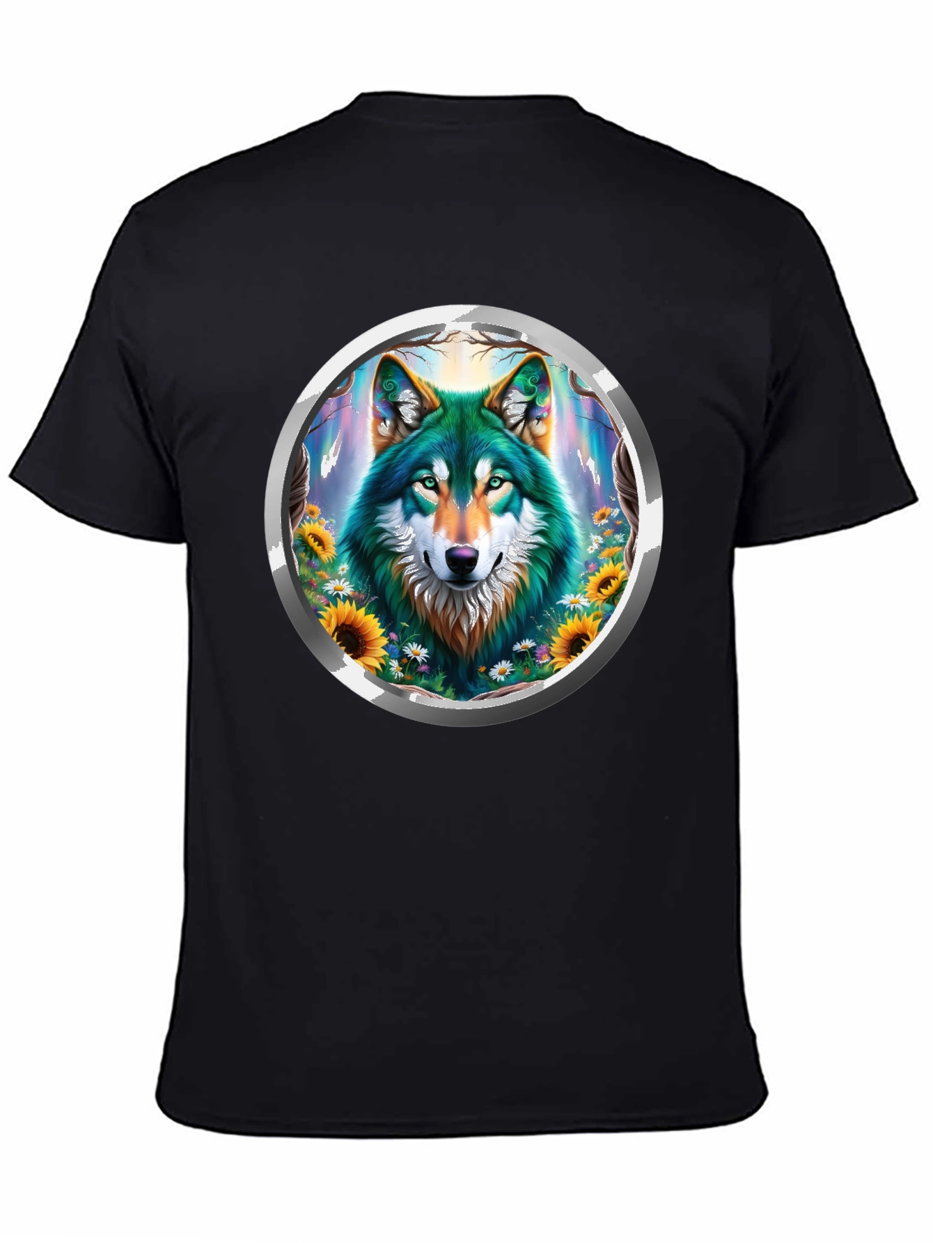 Black Wolf Circle Graphic Tee - Nature Inspired Design view 4