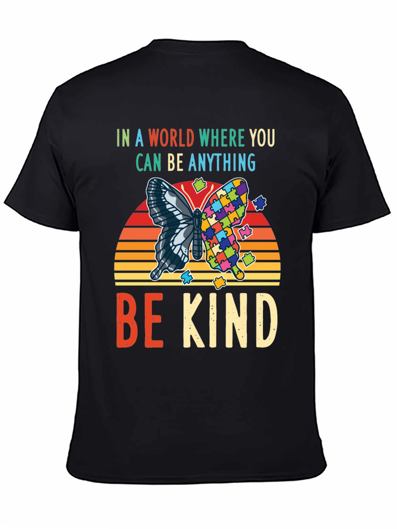 Black Be Kind Autism Awareness Butterfly T-Shirt view 4