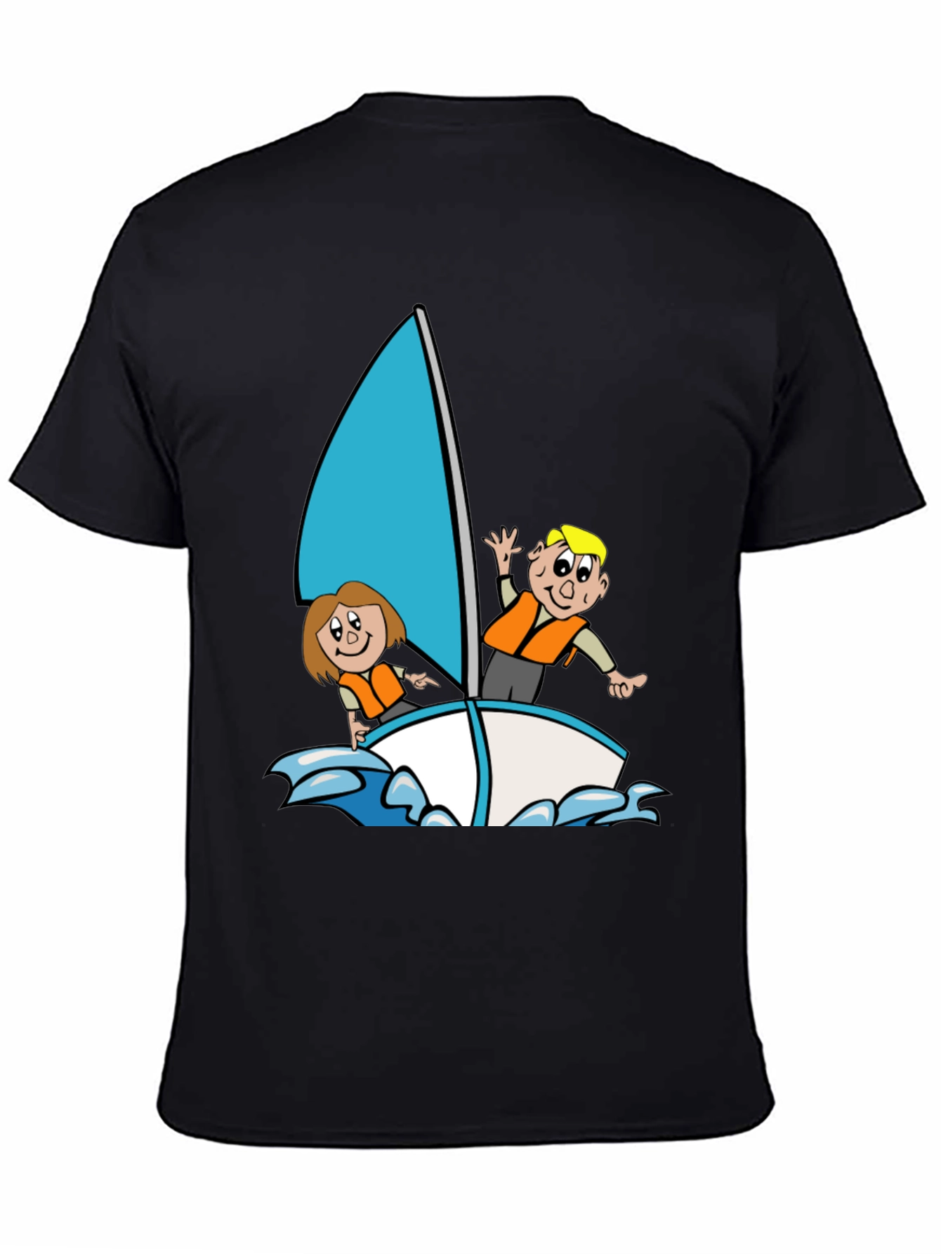 Black Cartoon Sailboat Graphic T-Shirt - Black Crew Neck view 4