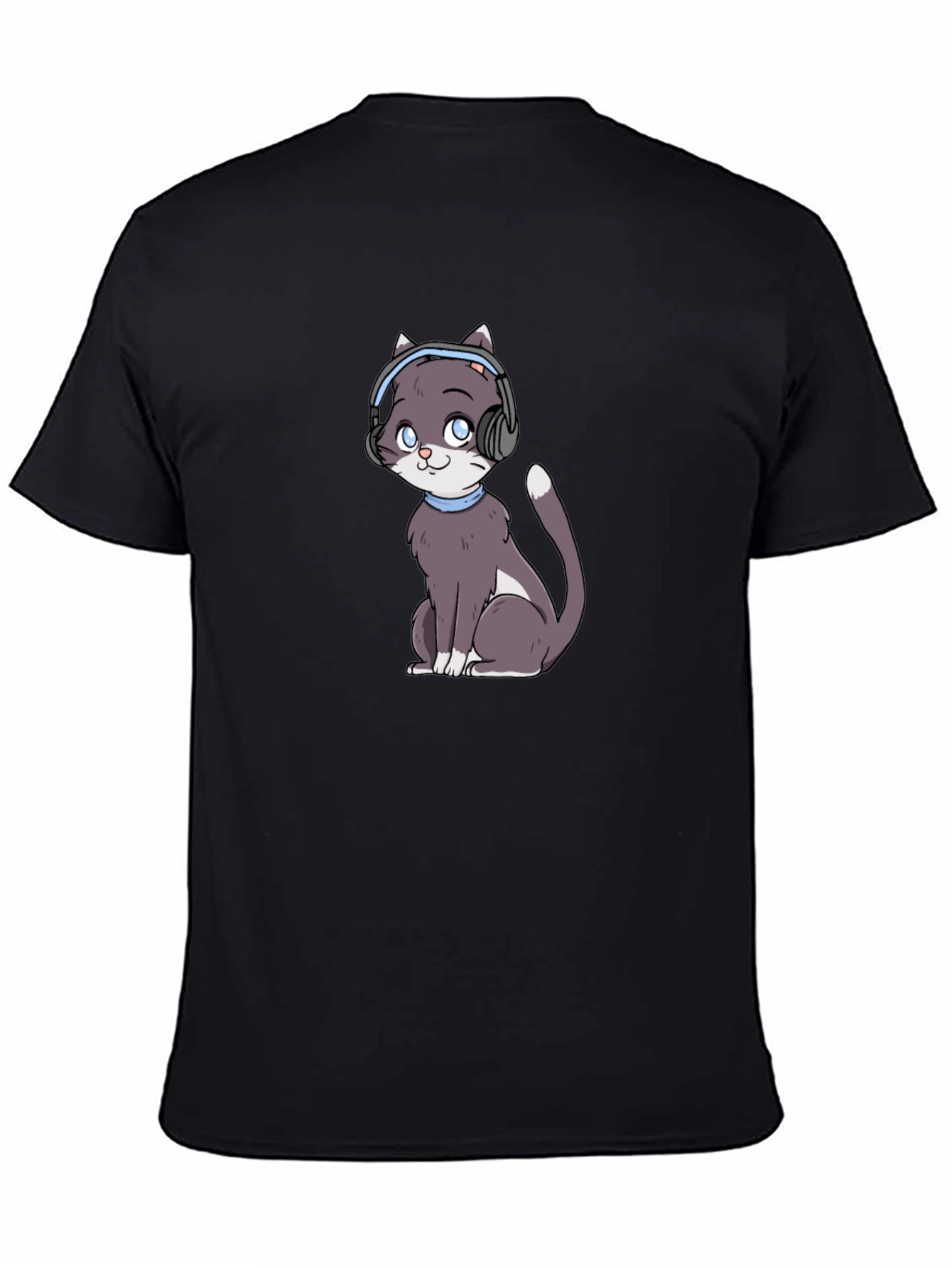 Black Cat with Headphones Black T-Shirt view 4
