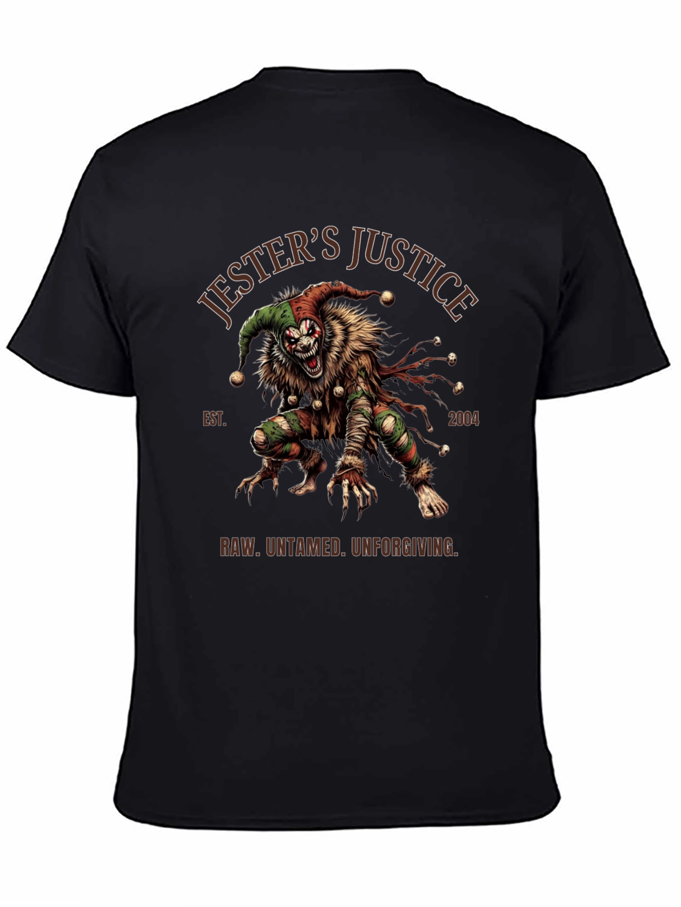 Black Jester's Justice T-Shirt: Raw, Untamed, Unforgiving Design view 4