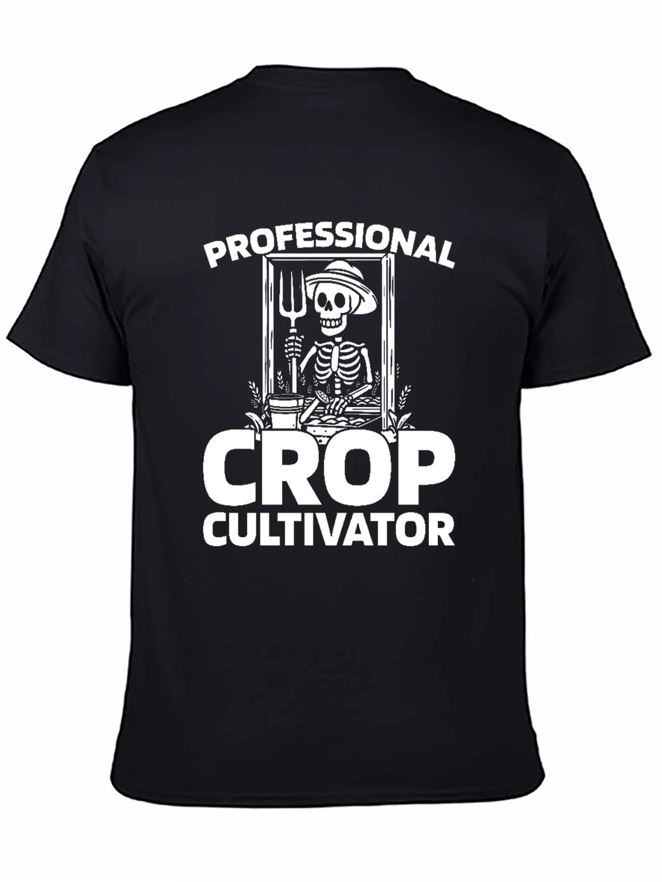 Black Professional Crop Cultivator T-Shirt - Skeleton Farmer Tee view 4