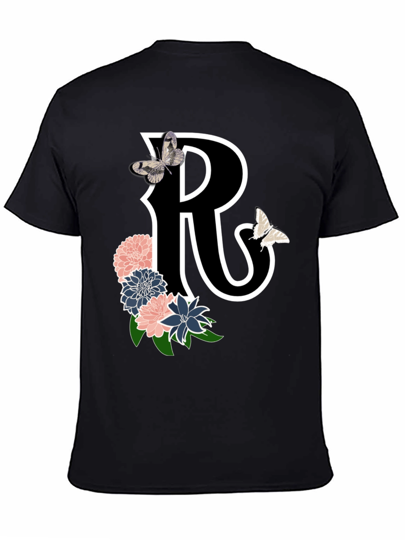 Black Letter R Floral Butterfly Black T-Shirt view 4