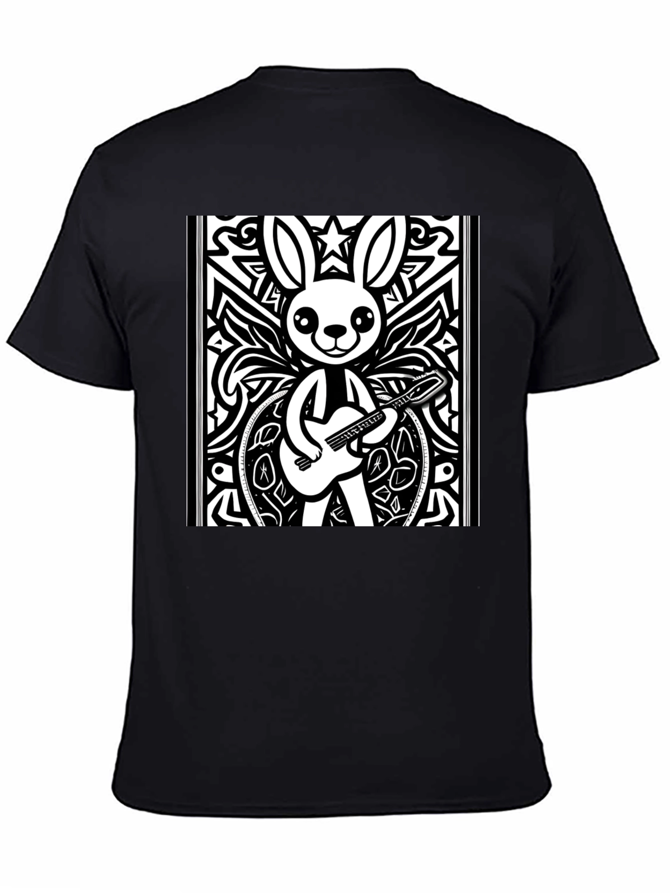 Black Cartoon Rabbit Guitarist Black T-Shirt view 4