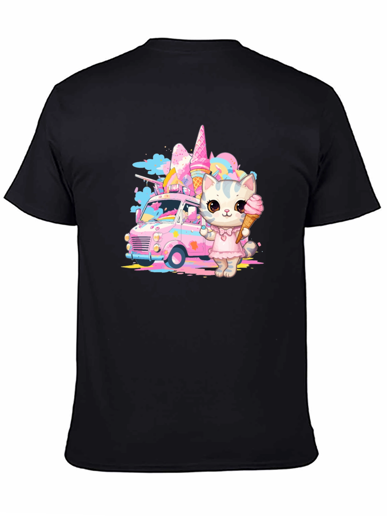 Black Cute Cat Ice Cream Truck Graphic T-Shirt view 4