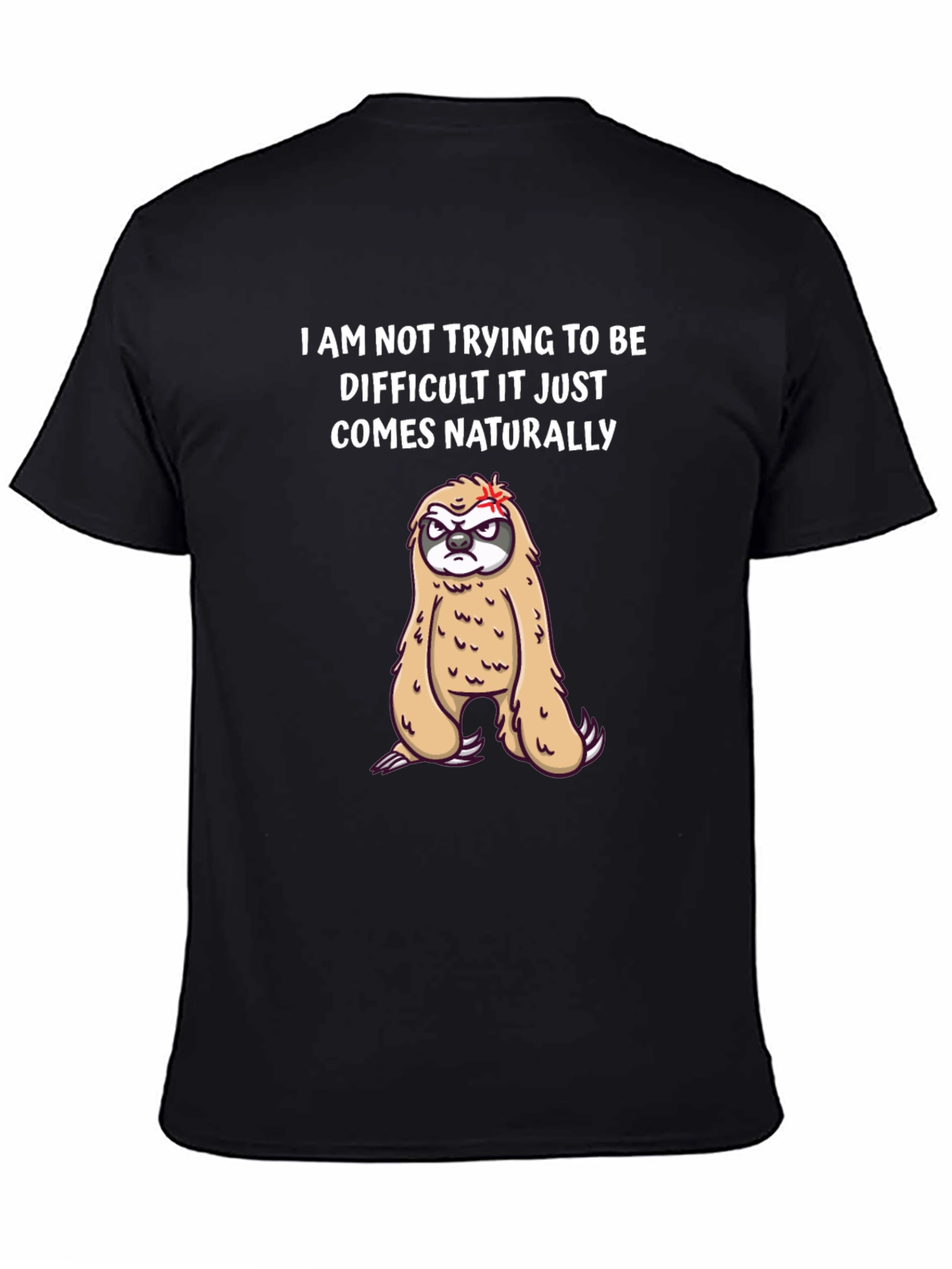 Black Funny Sloth Graphic Tee - 'Naturally Difficult' Humor T-Shirt view 4
