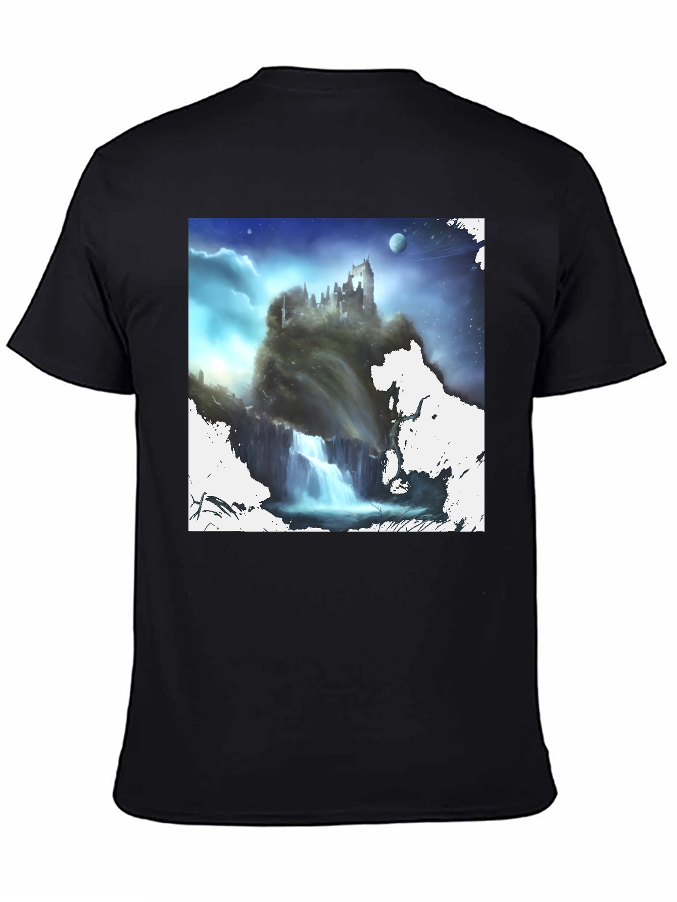 Black Fantasy Castle Waterfall Graphic Black T-Shirt view 4