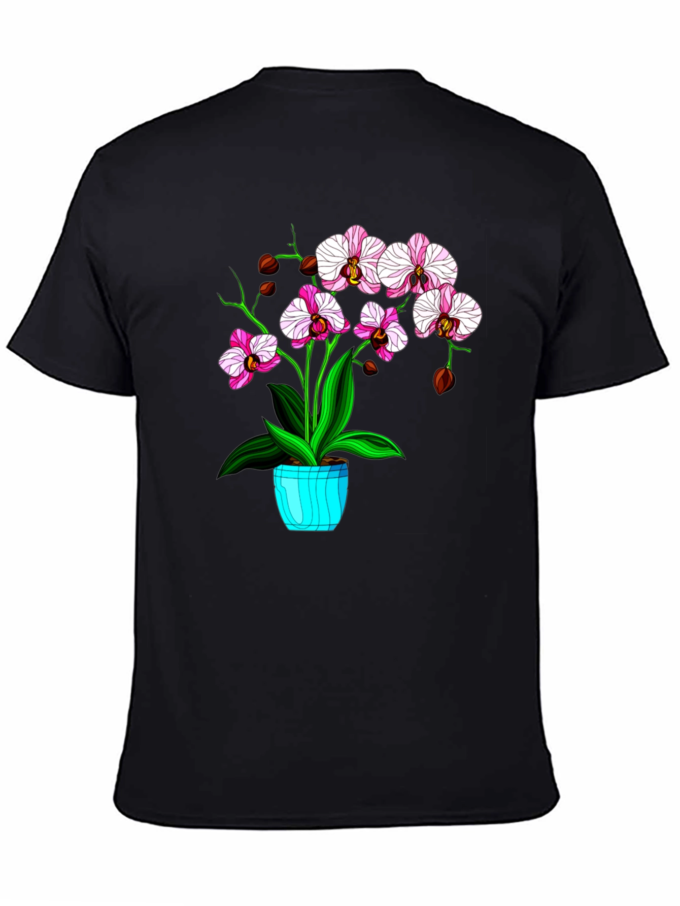 Black Floral T-Shirt with Orchid Plant Graphic view 4