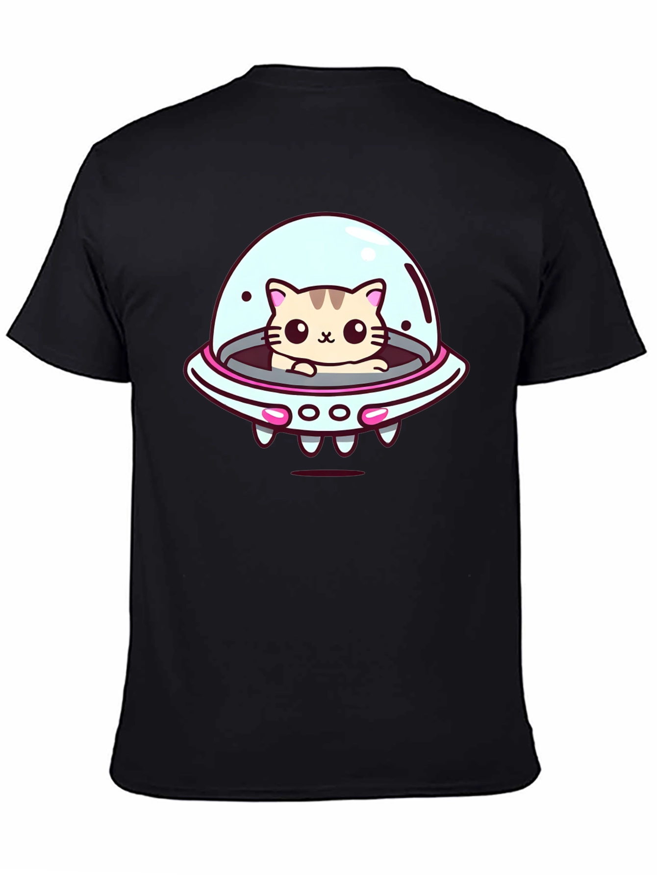 Black Cute Cat UFO Graphic T-Shirt - Black Cotton Tee view 4