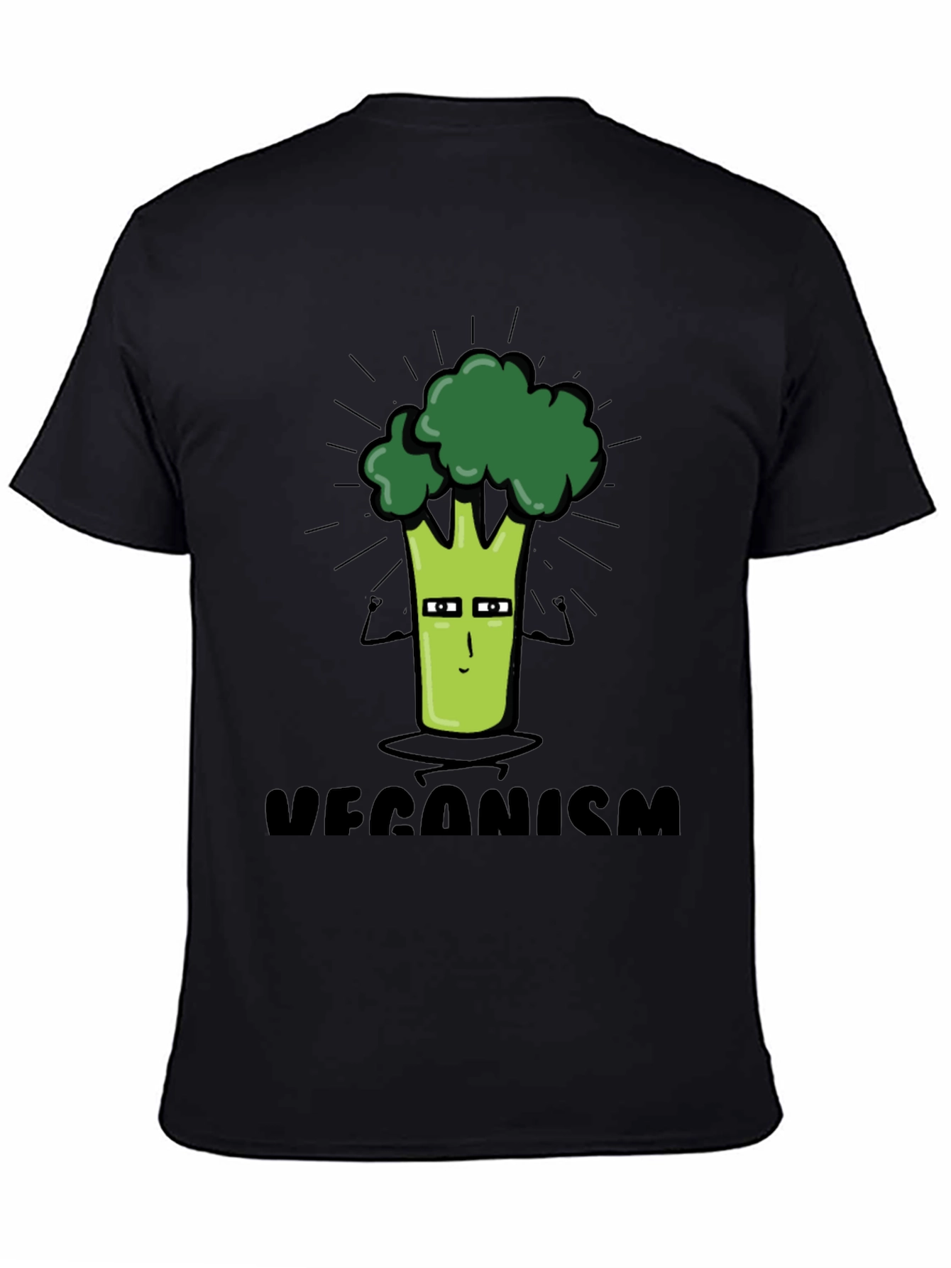Black Veganism Cartoon Broccoli Black T-Shirt view 4