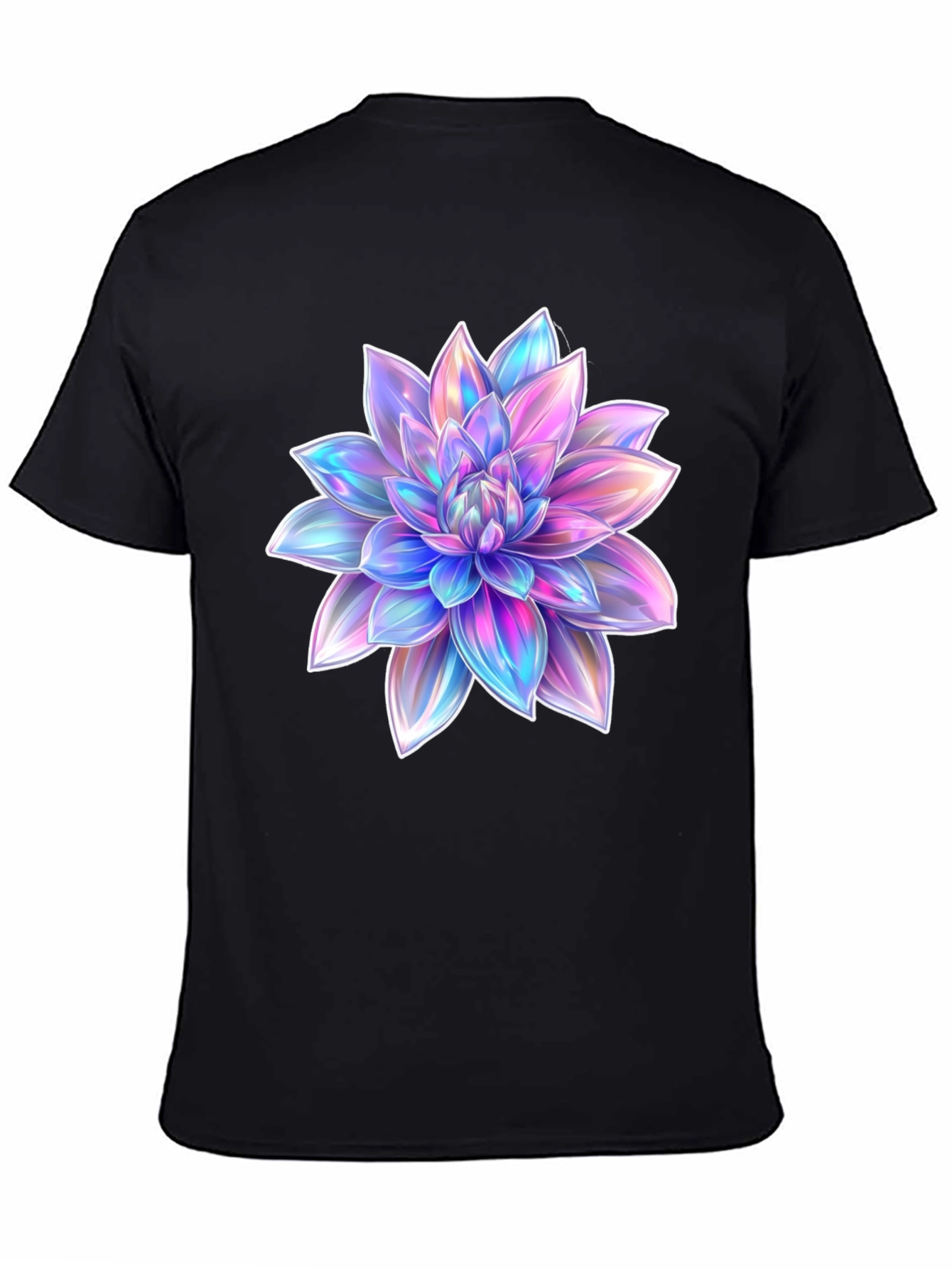 Black Men's Black T-Shirt with Holographic Flower Design view 4