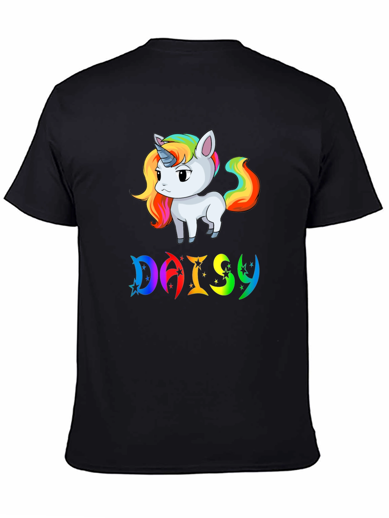 Black Unicorn 'Daisy' Personalized Black T-Shirt view 4