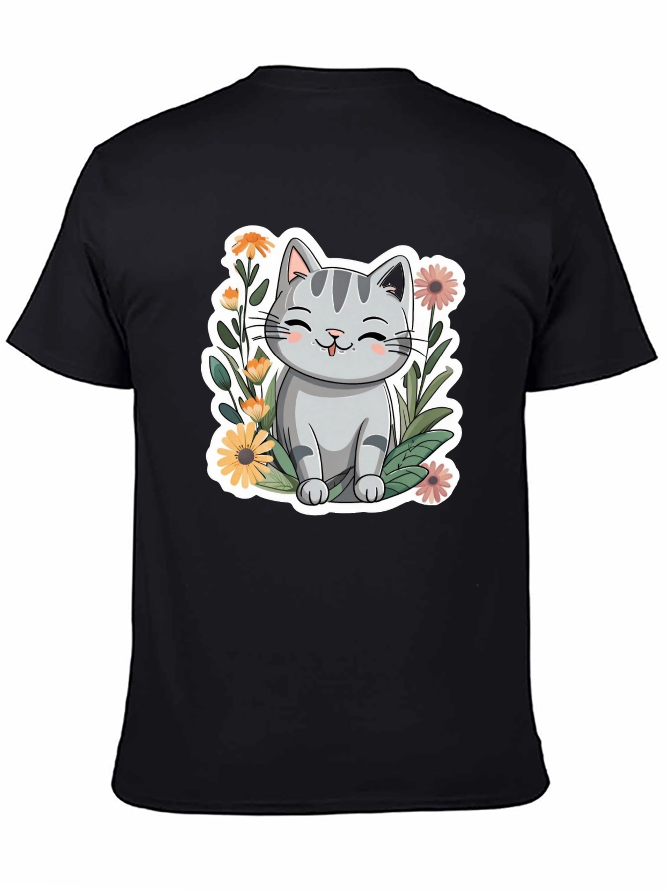 Black Cute Cat in Flowers Black T-Shirt view 4