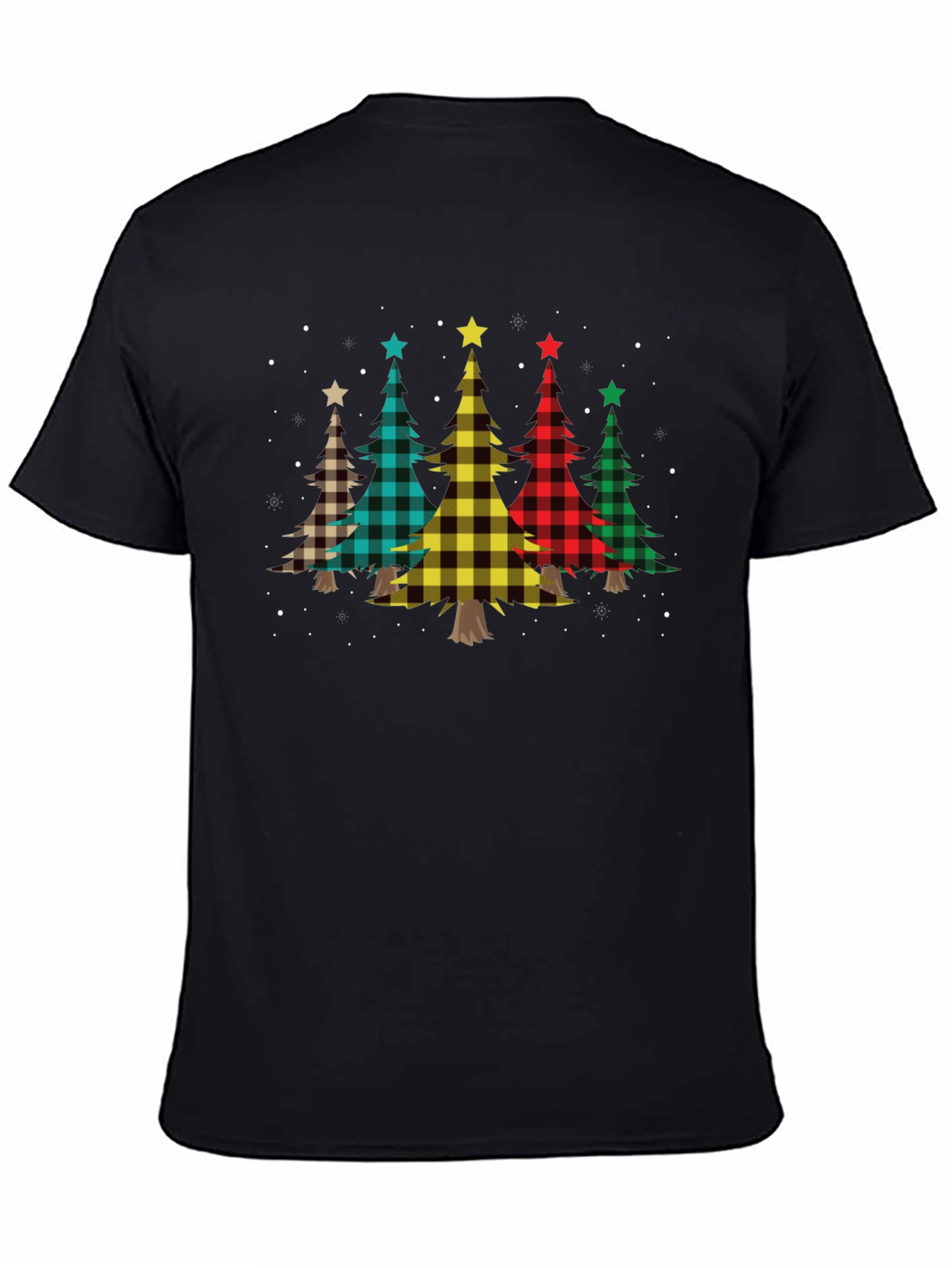 Black Plaid Christmas Trees Black T-Shirt view 4