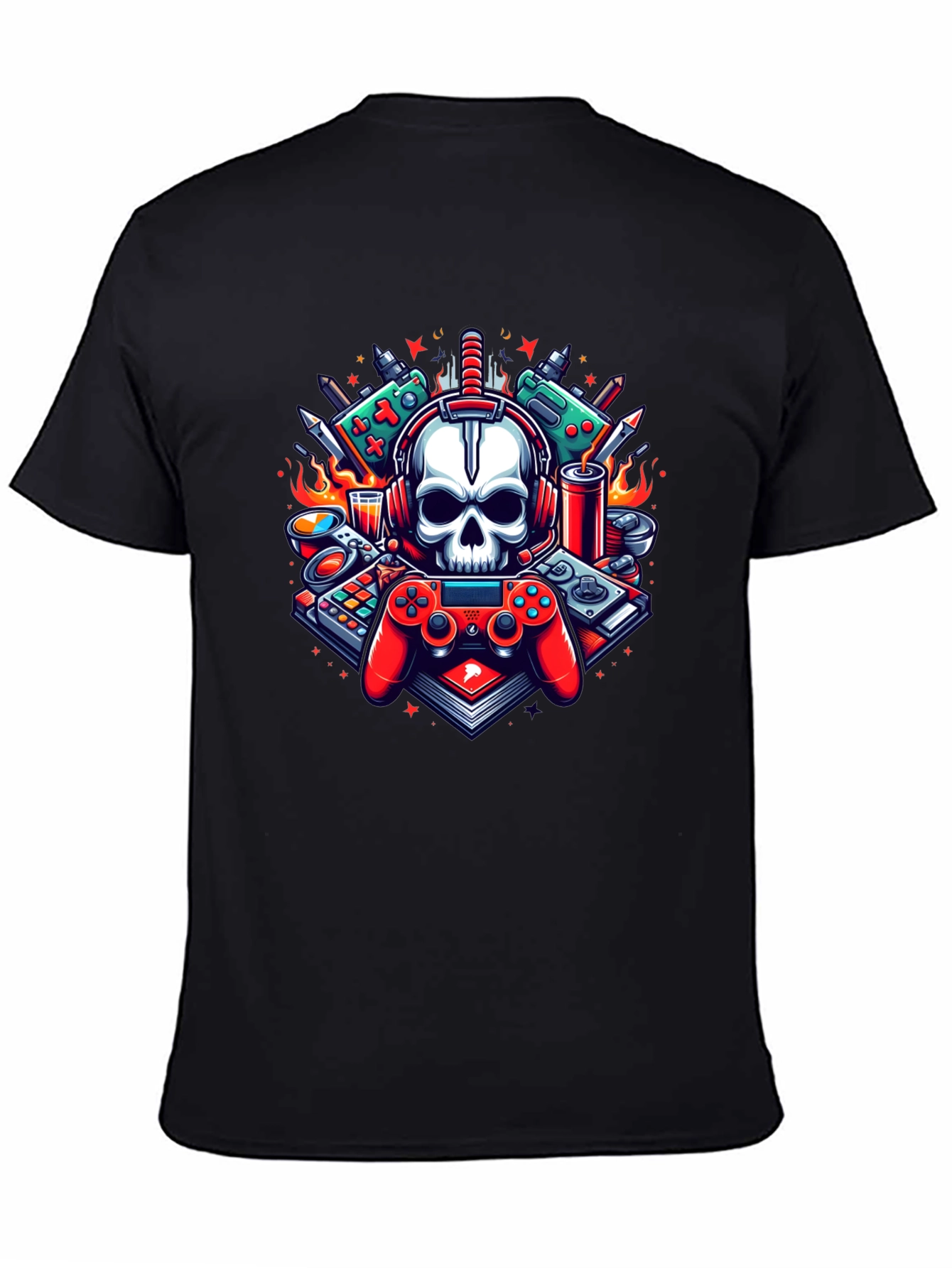 Black Gamer Skull Graphic T-Shirt - Cool Design! view 4