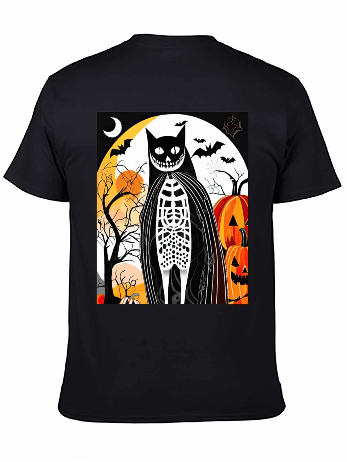 Black Halloween Cat Skeleton Graphic T-Shirt view 4