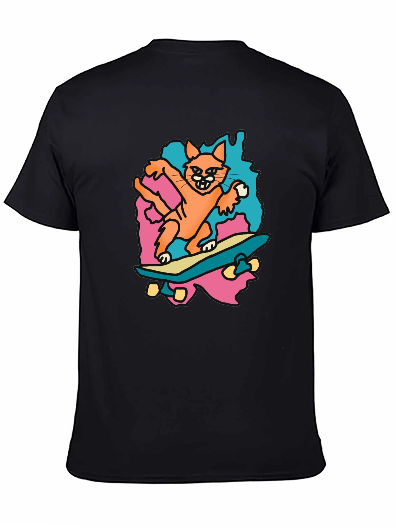 Black Skateboarding Cat Graphic Tee - Black Cotton T-Shirt view 4