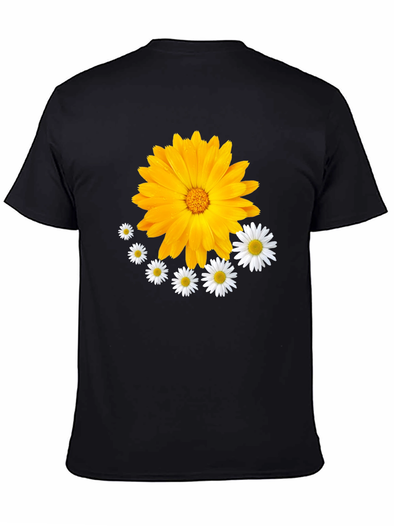 Black Floral T-Shirt: Calendula & Daisy Design view 4