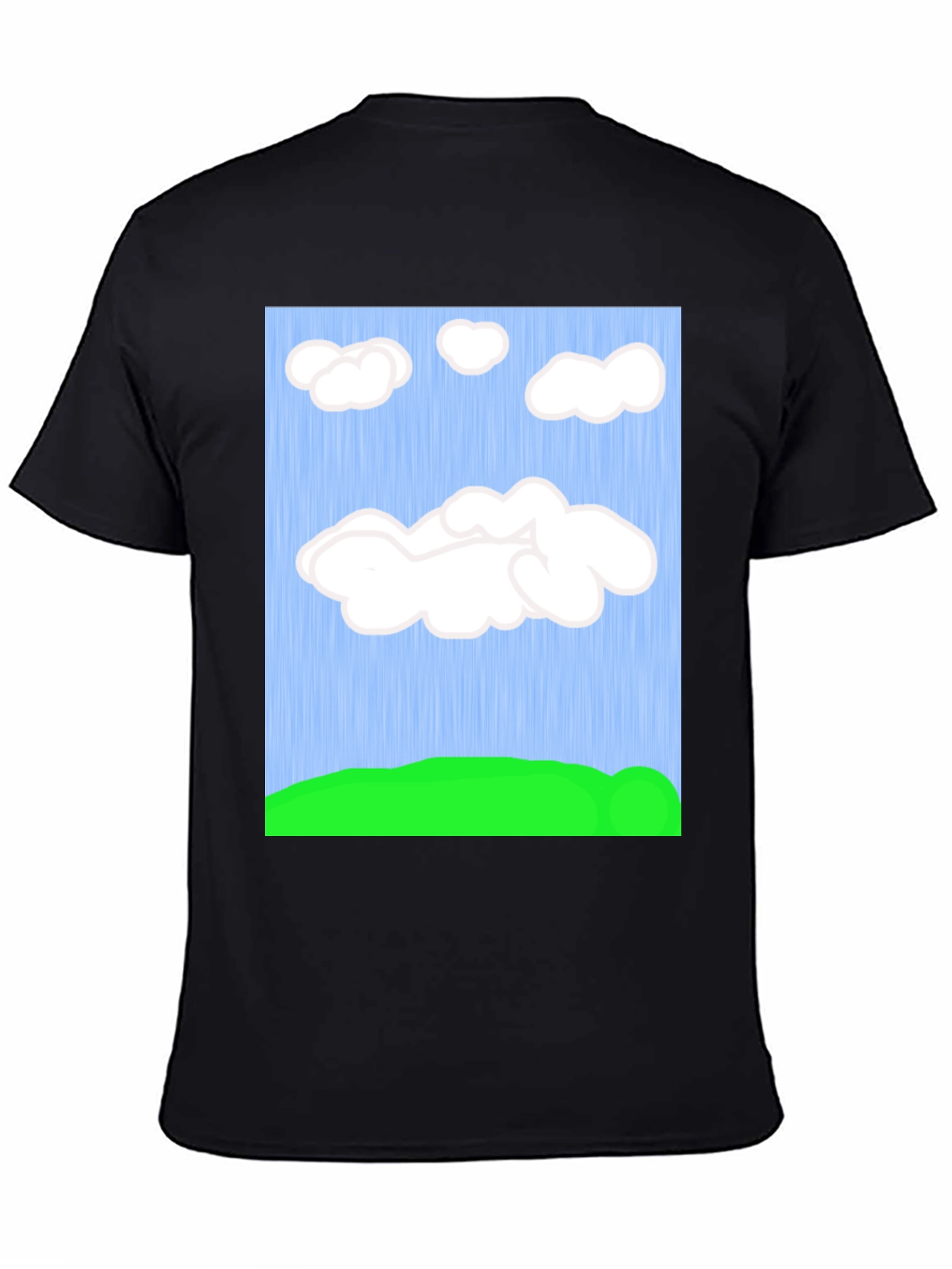 Black Cartoon Clouds T-Shirt - Sky & Green Field Design view 4