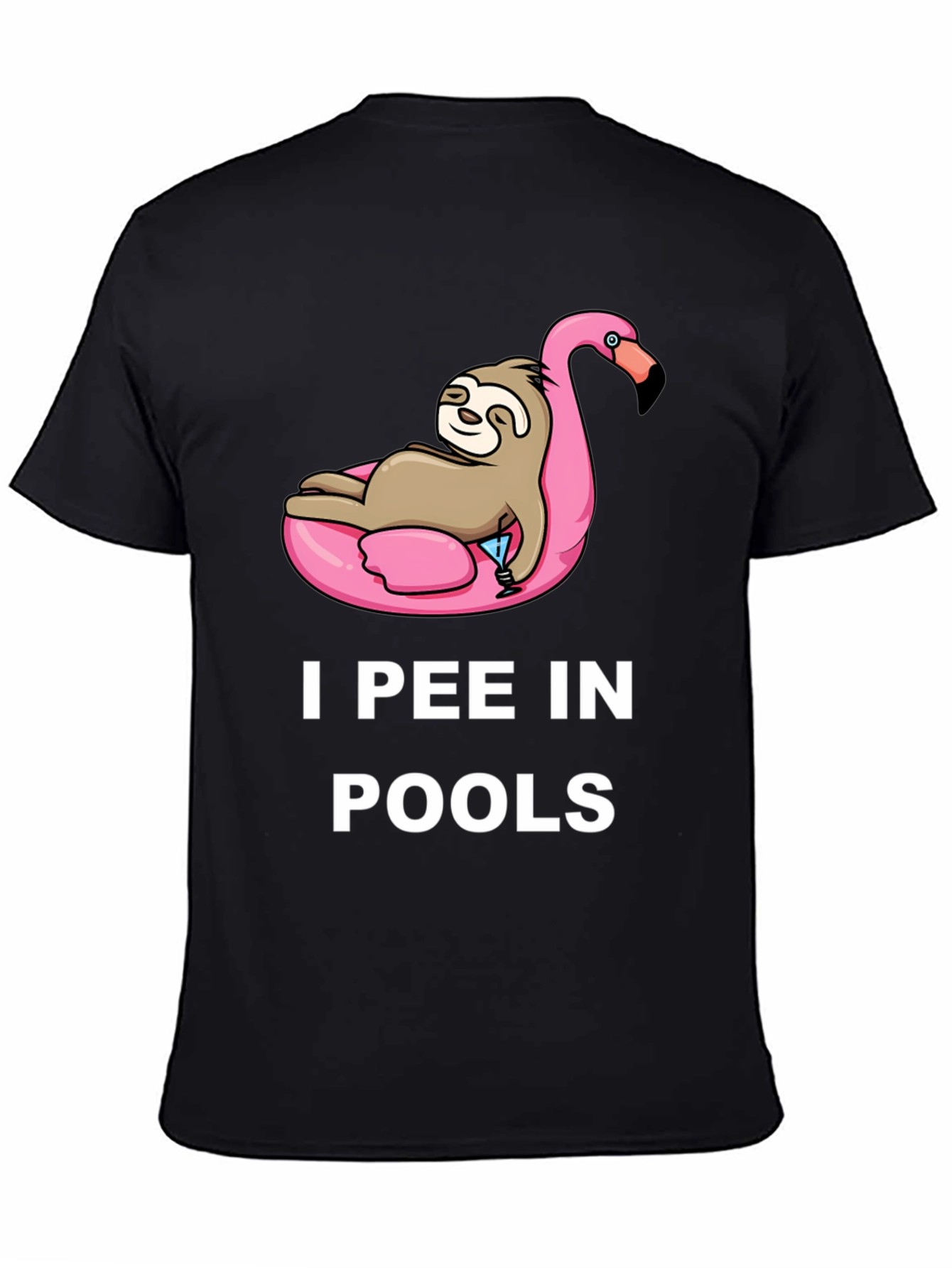 Black Sloth on Flamingo Pool Float T-Shirt - I Pee in Pools view 4