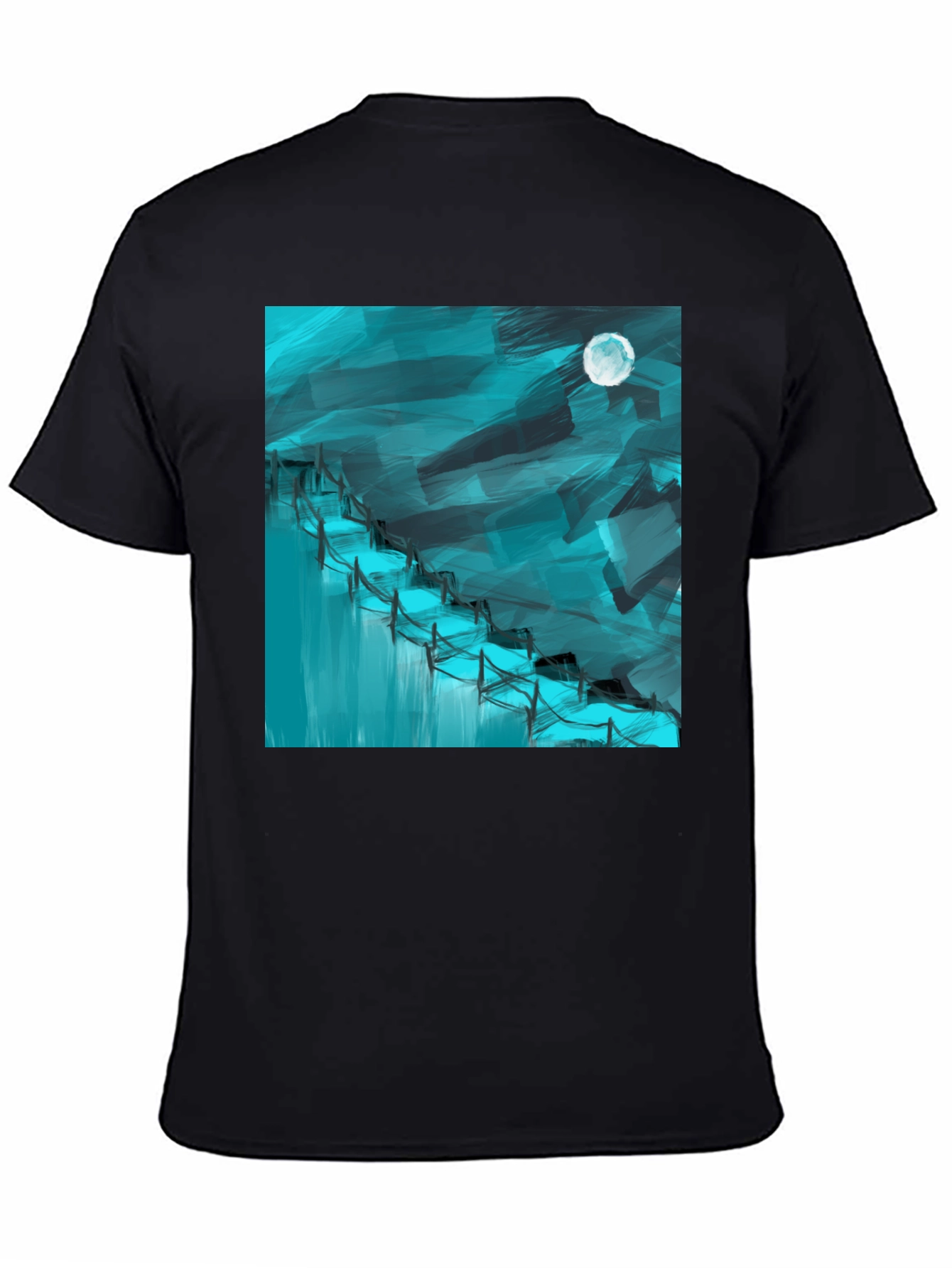 Black Abstract Moonlit Waterfall Graphic Tee - Black Cotton Blend view 4
