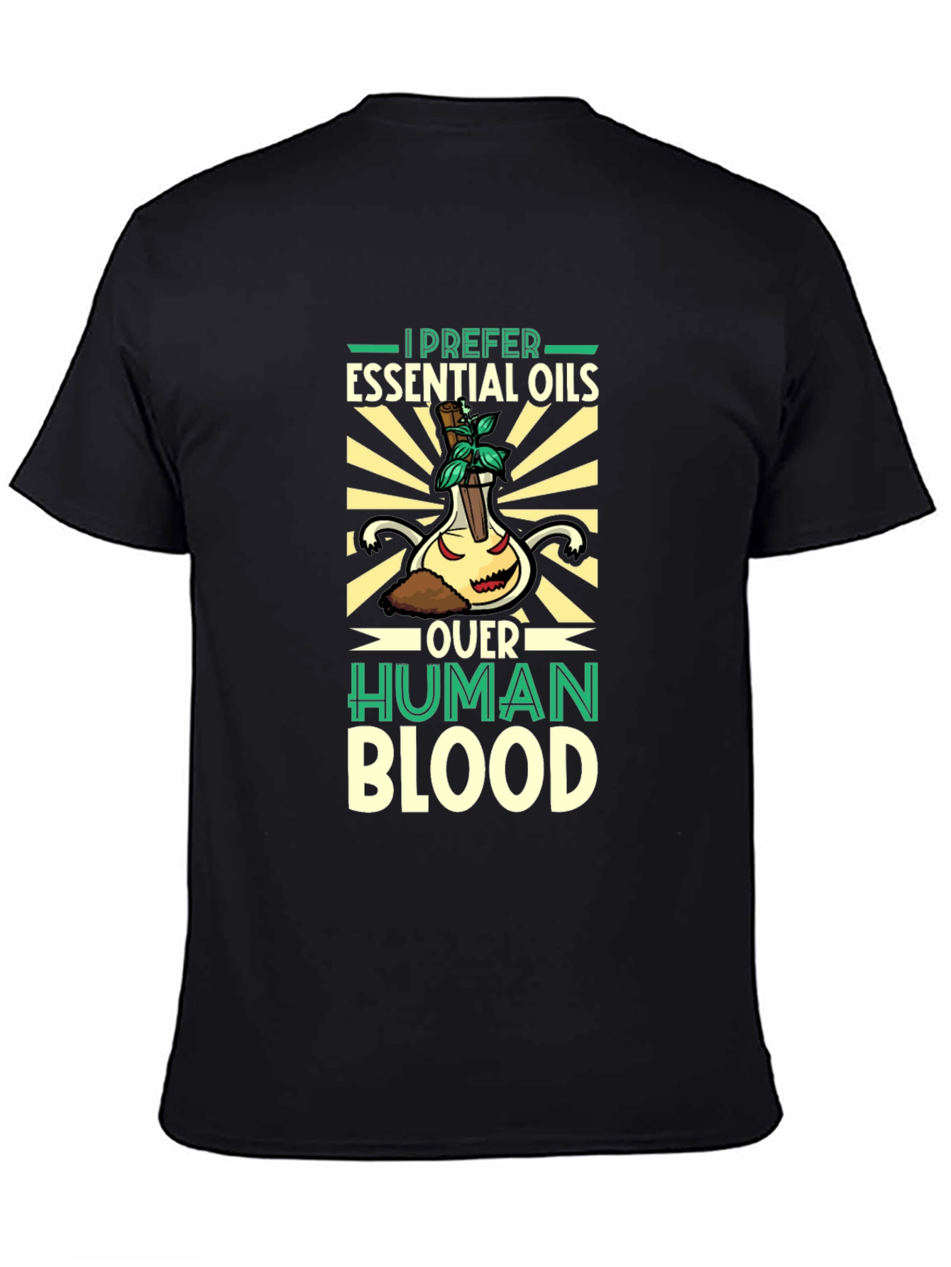 Black Essential Oils Over Human Blood T-Shirt view 4